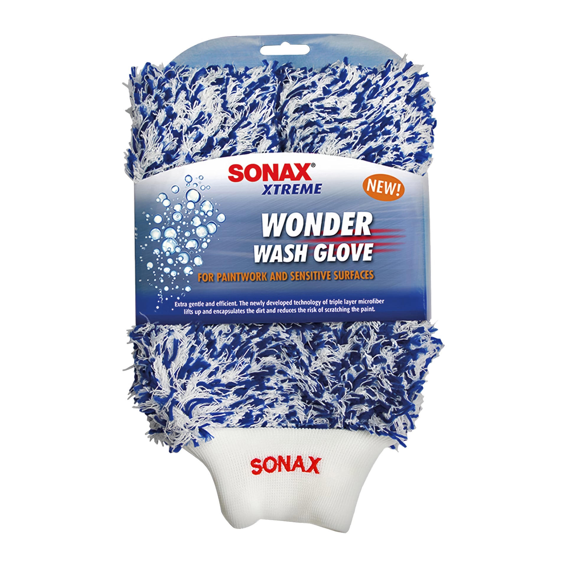 Sonax Wash Glove Xtreme Wonder Wash Glove är tillverkad av blått och vitt mikrofiber för lackering och känsliga ytor, vilket visas i produktinformationsförpackningen med en Sonax-logga på handleden. Förpackningen har den citerade texten: "Xtreme Wonder Wash Glove.".