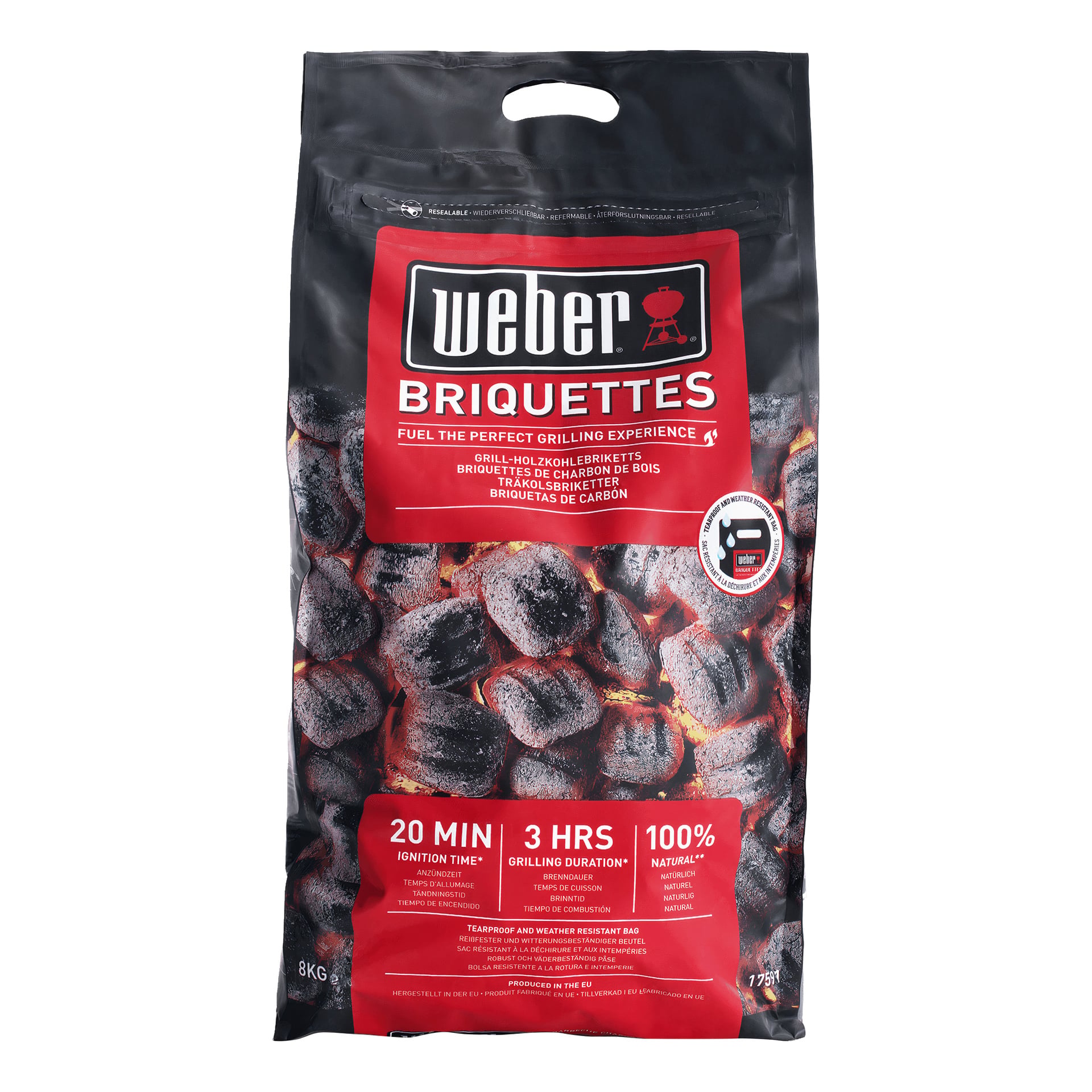 8 kg Weber Grillin brikettipussi, jossa on hiilikuva, edistäen 20 minuutin sytytystä, jopa 3 tunnin grillausaikaa ja täysin luonnollisia aineksia.