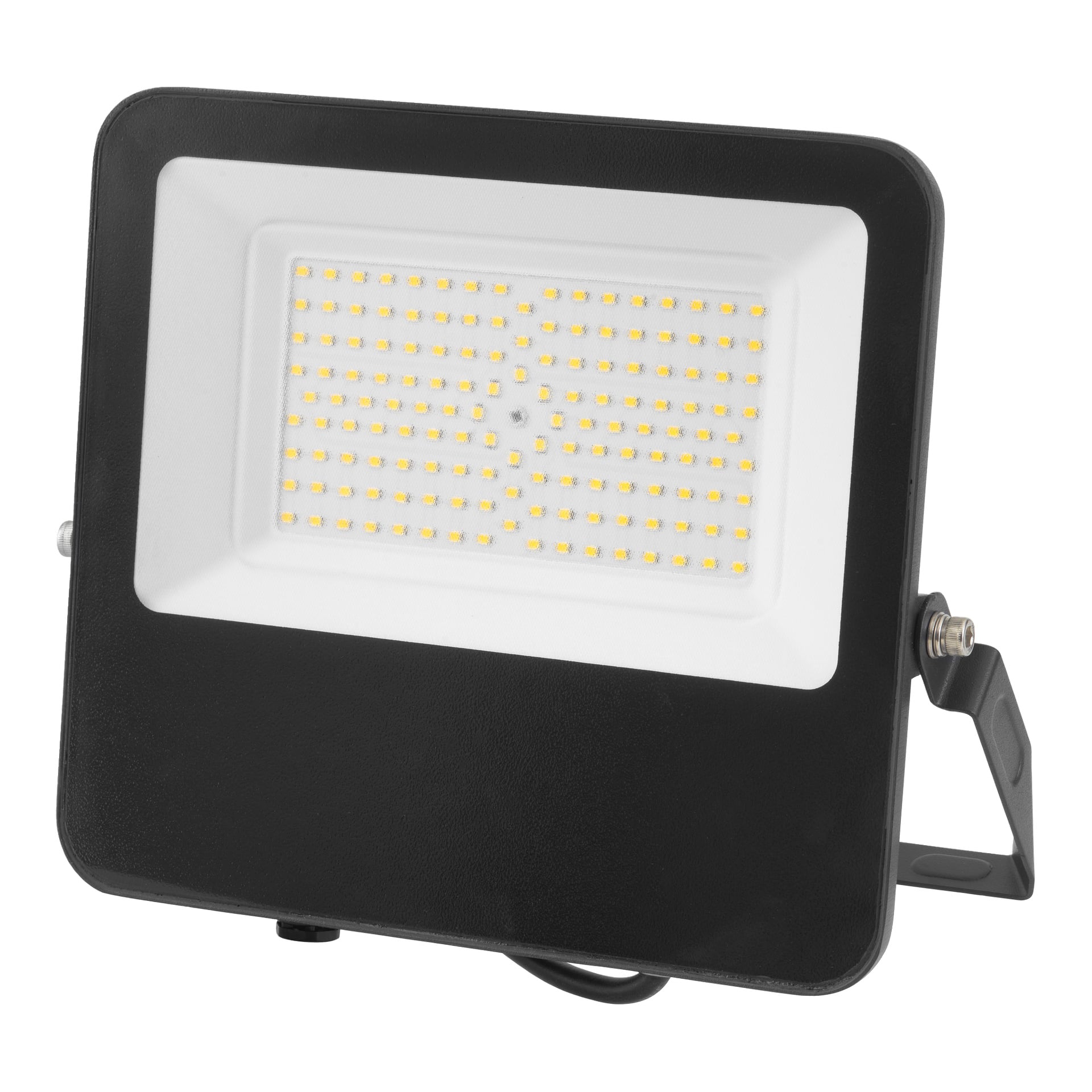 Et Anslut LED-flomlys med svart rektangulært kamera, hvitt panel med LED-lys, og en metallbrakett på høyre side.