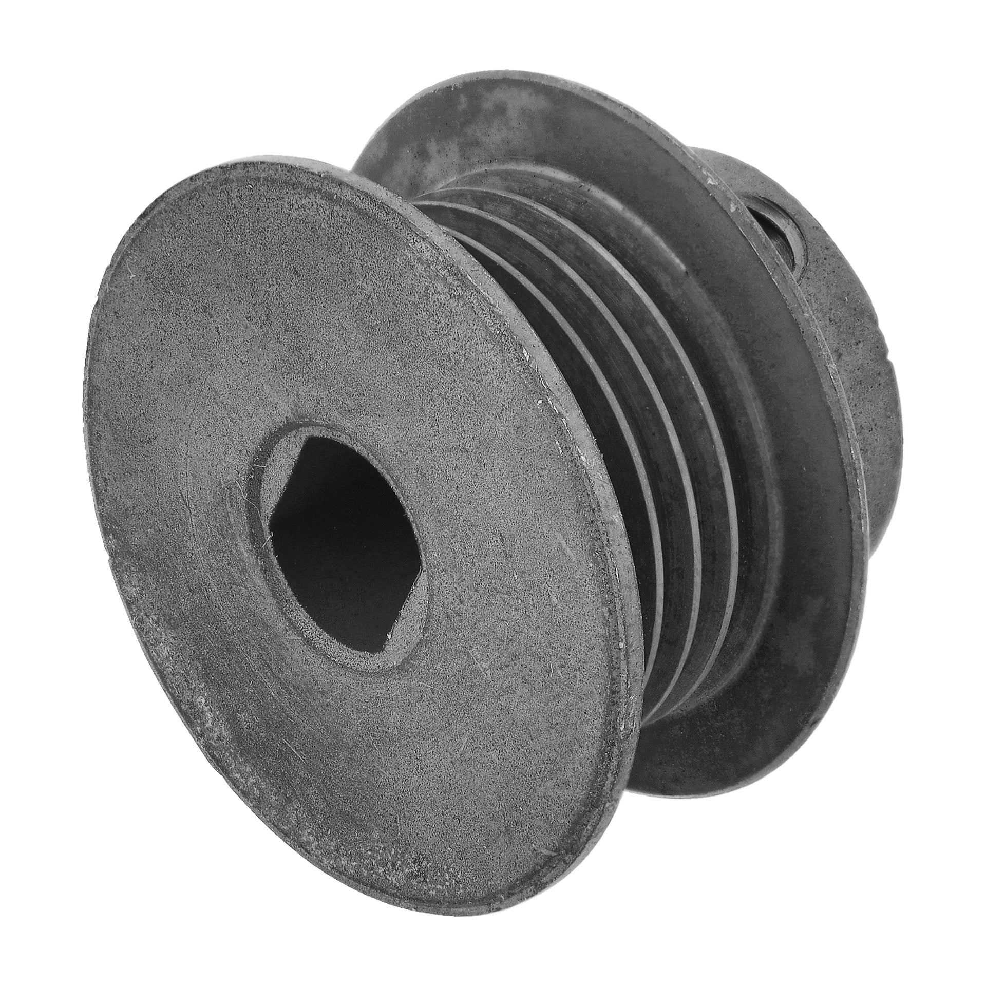 Närbild på Pulley-snöslungan framhäver dess metallhjul, med ett sexkantigt centrum och flera spår för mekanik.