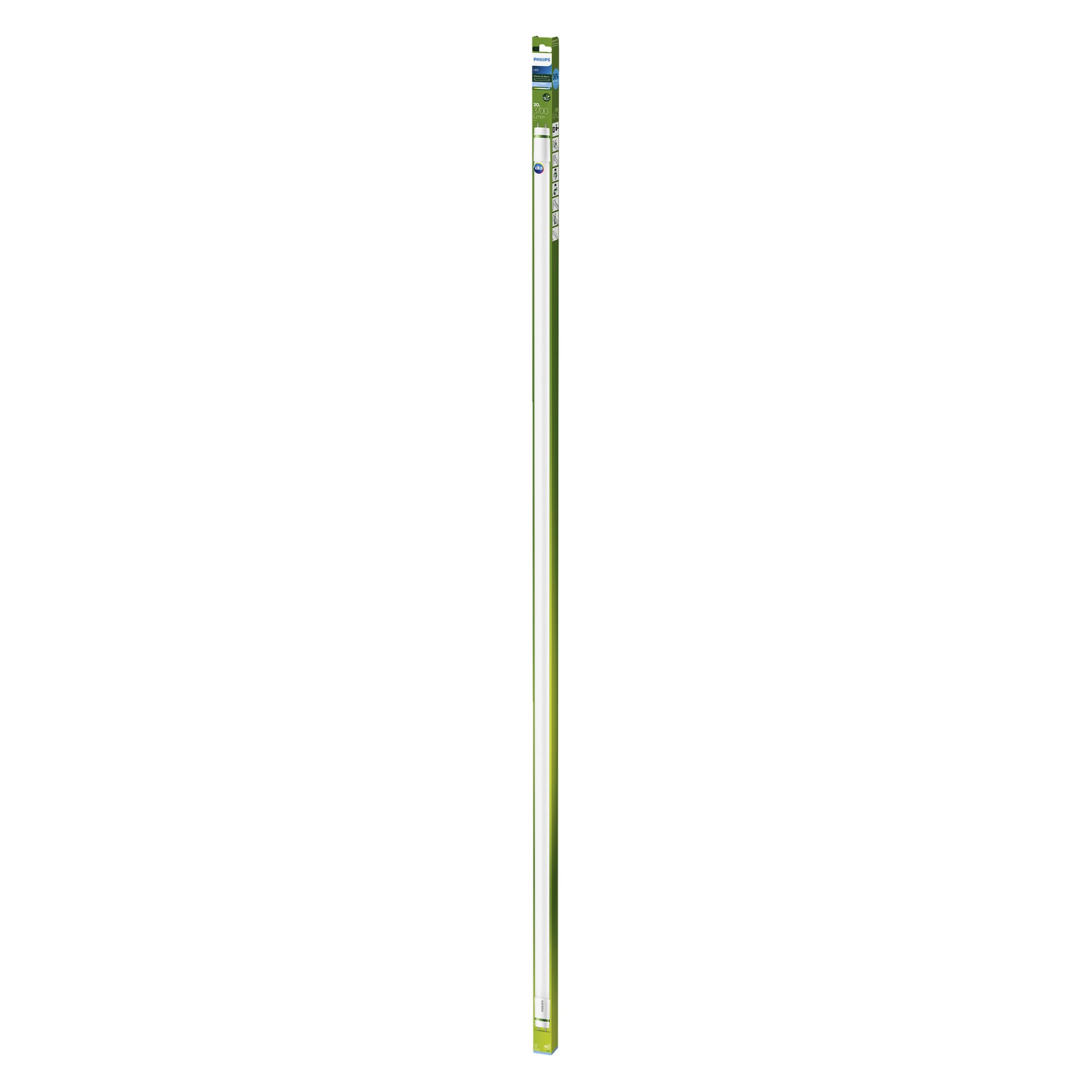 Philips Tube T8 LED UltraEfficient -lamppu vihreä-valkoisessa pakkauksessa, putki näkyvissä, tekniset tiedot listattu oikealla puolella.