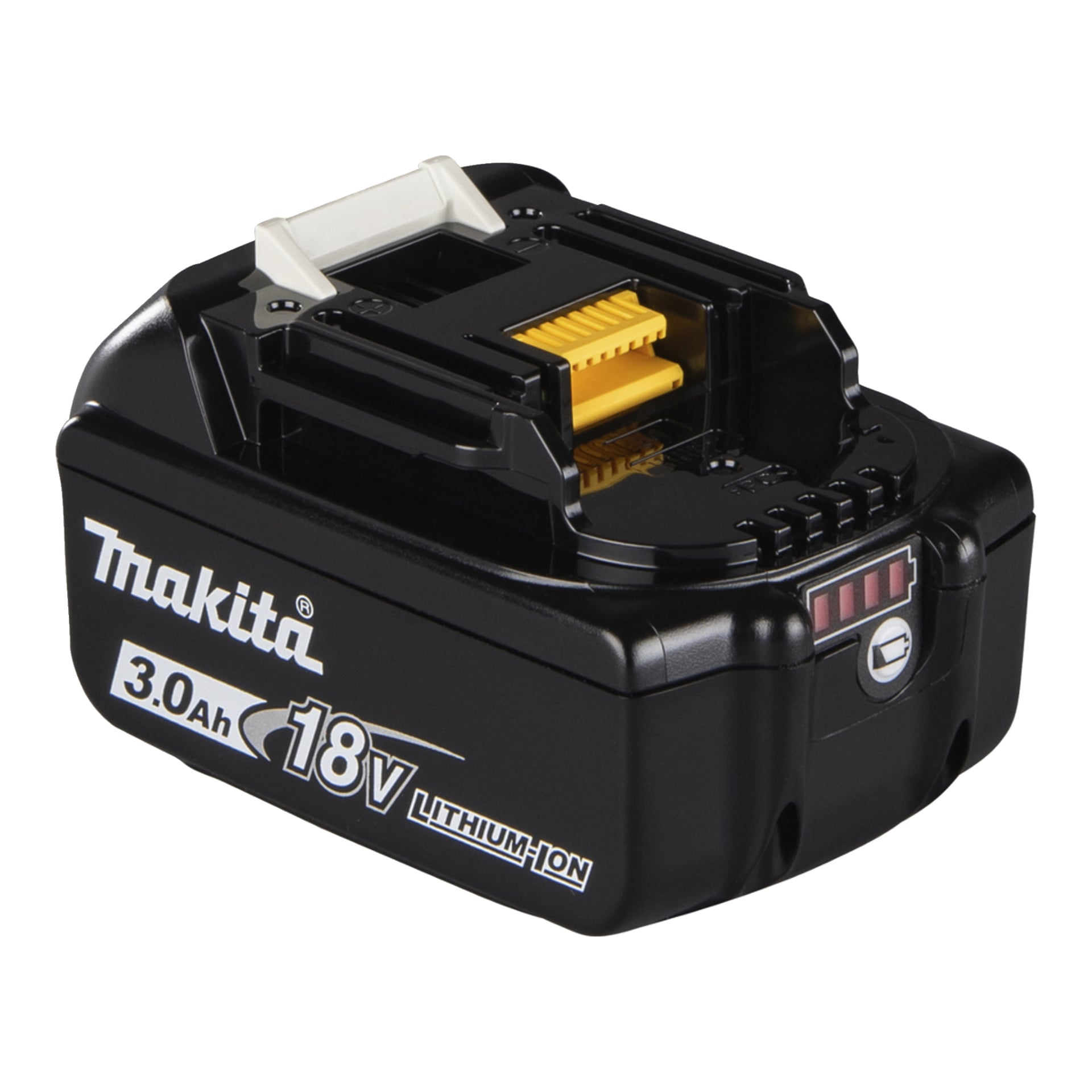 Makita DC18RC snabbladdare med 18V 3,0Ah litiumjonbatteri, gul kontakt, LED-indikator och vit utlösare för verktyg.