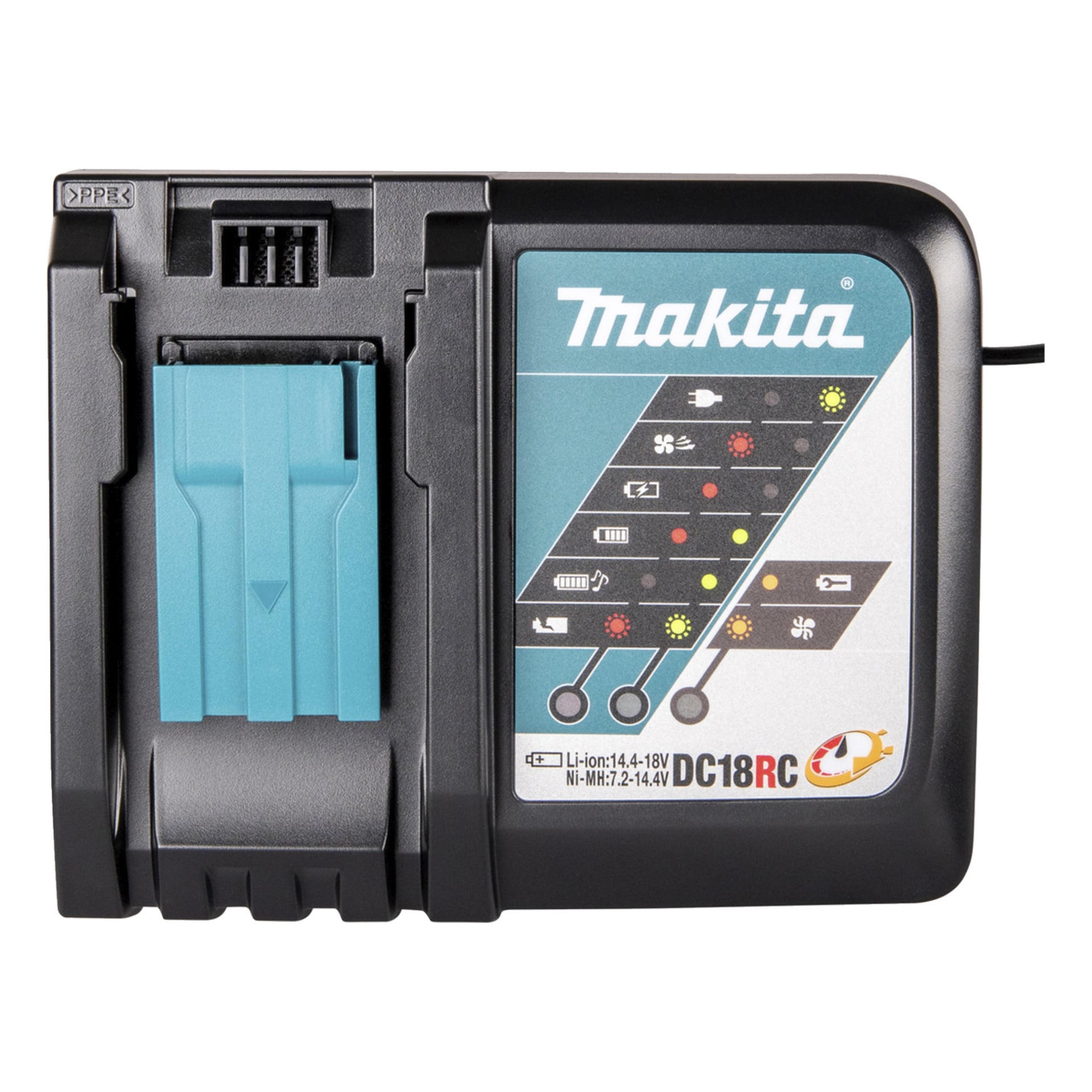 Ovanifrån vy av Makita DC18RC-laddare med indikatorlampor och en blå plats för Li-ion- och Ni-MH-batterier.