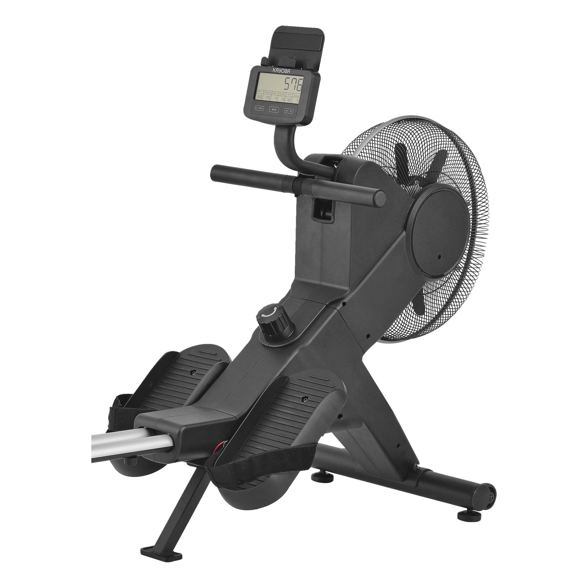 Kayoba roddmaskin har svart ram, digital skärm, motståndsratt, fastspända fotstöd, svänghjul och stabilisatorben.