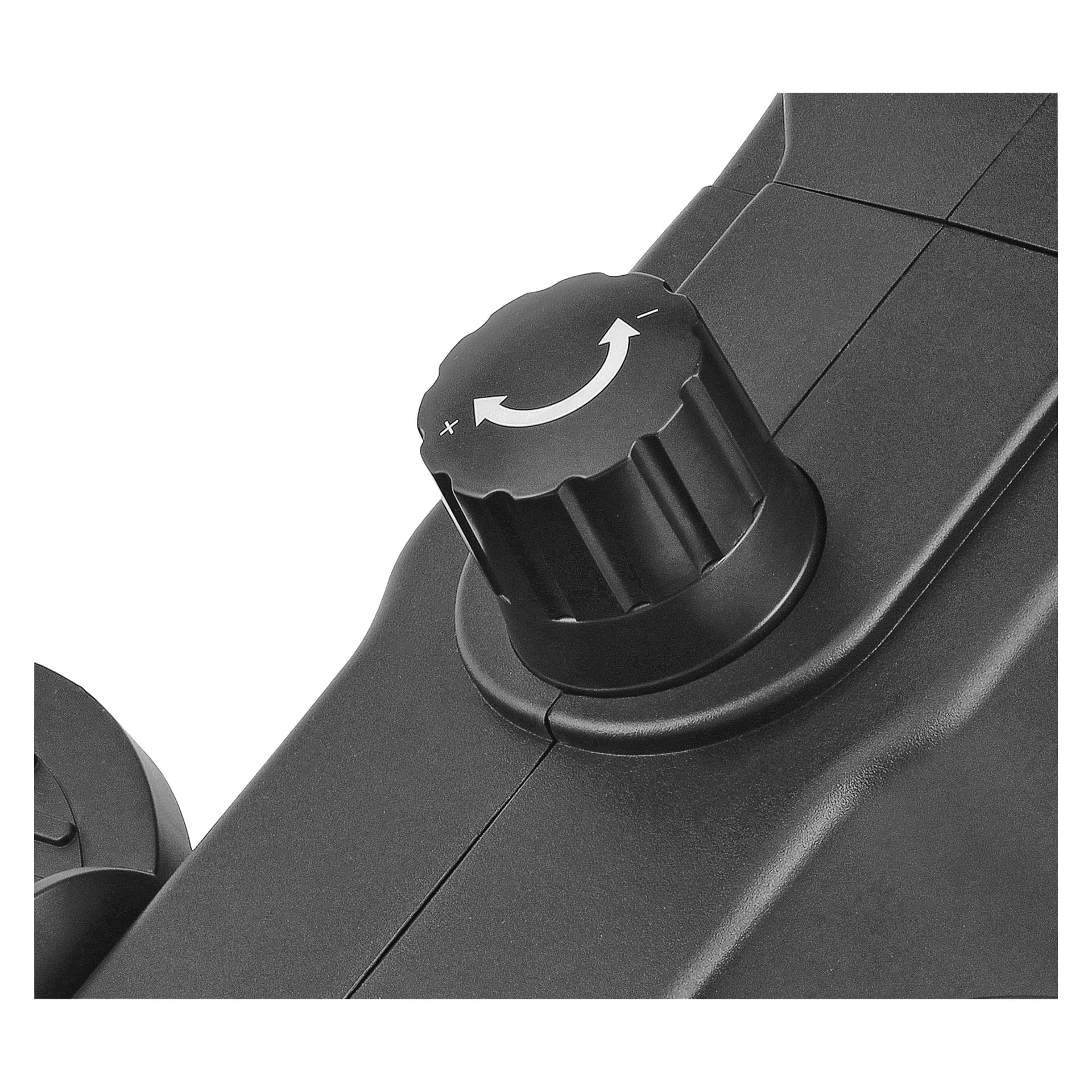 Detaljerad vy av en svart, texturerad kontrollratt som visar plus- och minussymboler samt en böjd pil på Kayoba Rowing Machines yta.