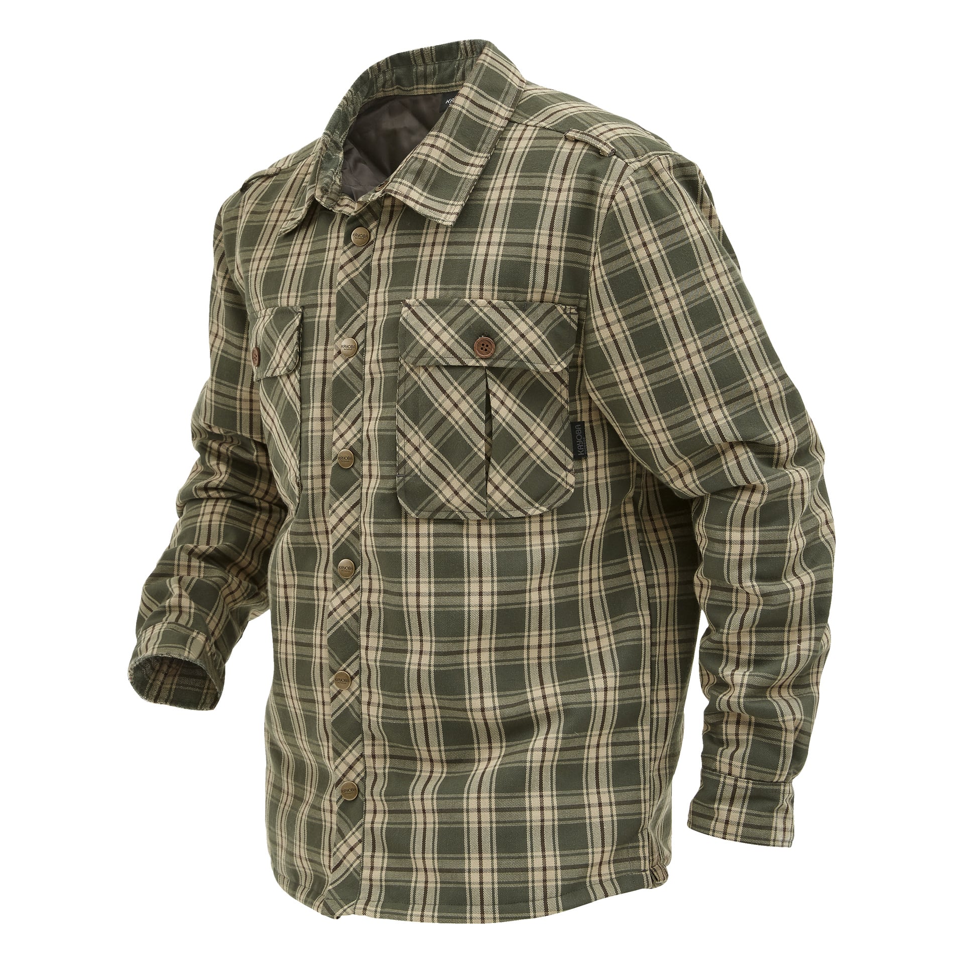 Kayoba Outdoor Windproof flanelowa koszula Grimsö w kolorze zielono-beżowej kraty, długie rękawy, zapinana na guziki, dwie kieszenie na piersi (jedna zapięta).