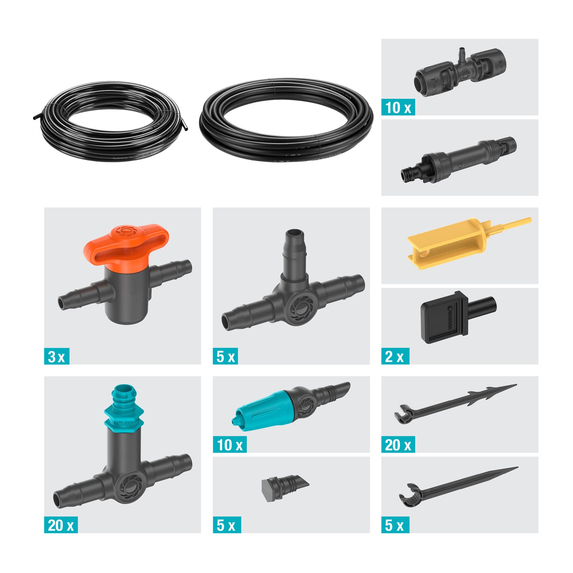 Gardena Micro-Drip-System-kit vist med rør, kontakter, ventil, emittere, plugger og verktøy; Gruppert etter mengde.