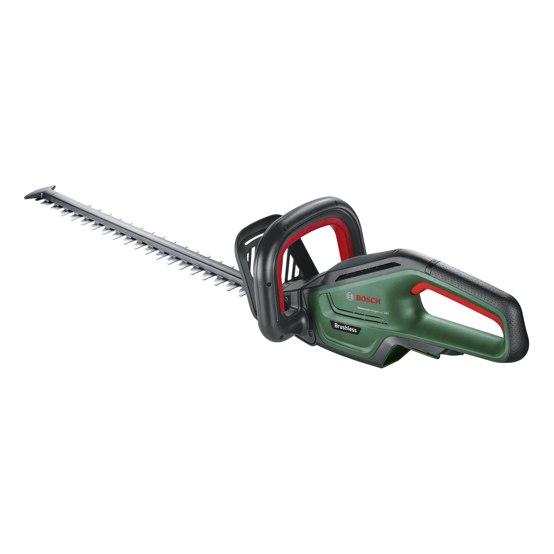 En grön och svart Bosch Power 4 All UniversalHedgeCut 18V-55 sladdlös häcksax med tandat blad och ergonomiskt handtag.