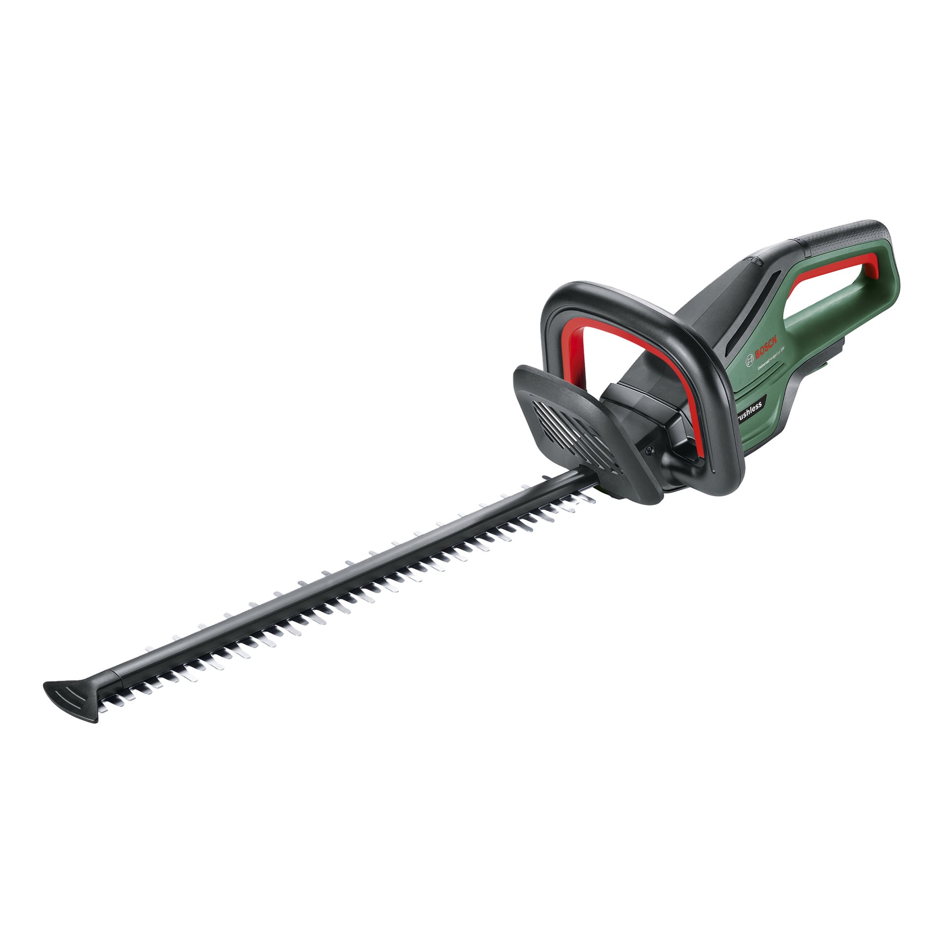 Bosch Power 4 All UniversalHedgeCut 18V-55 sladdlösa häcksax har svart blad, grön-svart kaross, röda detaljer och ergonomiskt handtag.