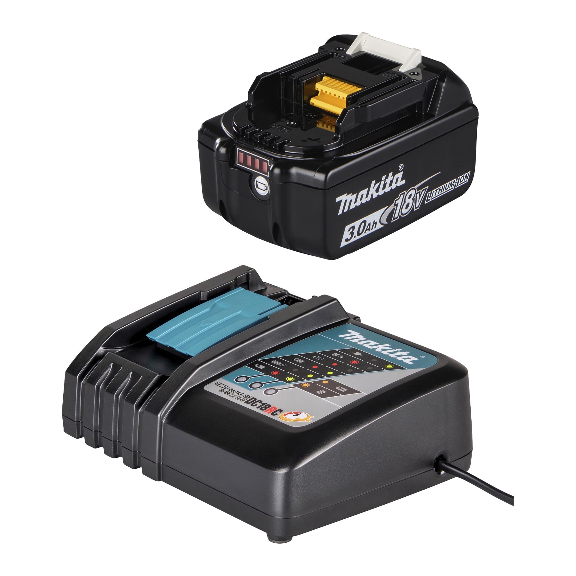 Makita Battery + DC18RC laddarset inkluderar 18V 3,0Ah litiumjonbatteri med laddningsindikator och en laddare med blå spak.