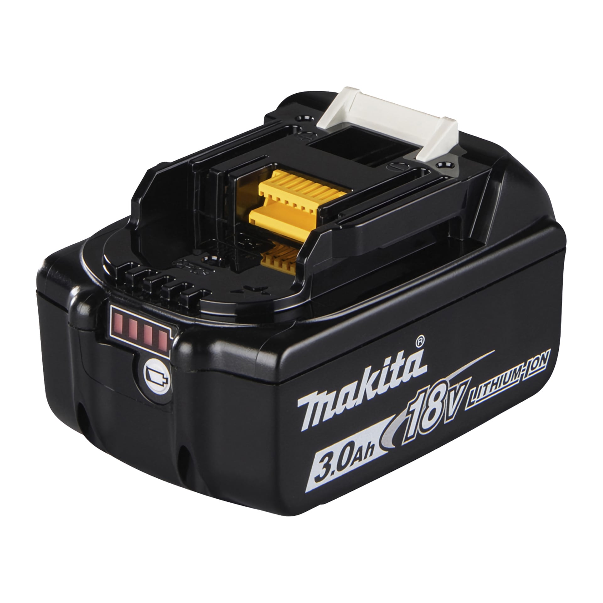 Makita Battery och DC18RC snabbladdare i svart med vit utlösare, gul kontakt och sidoindikatorlampor.