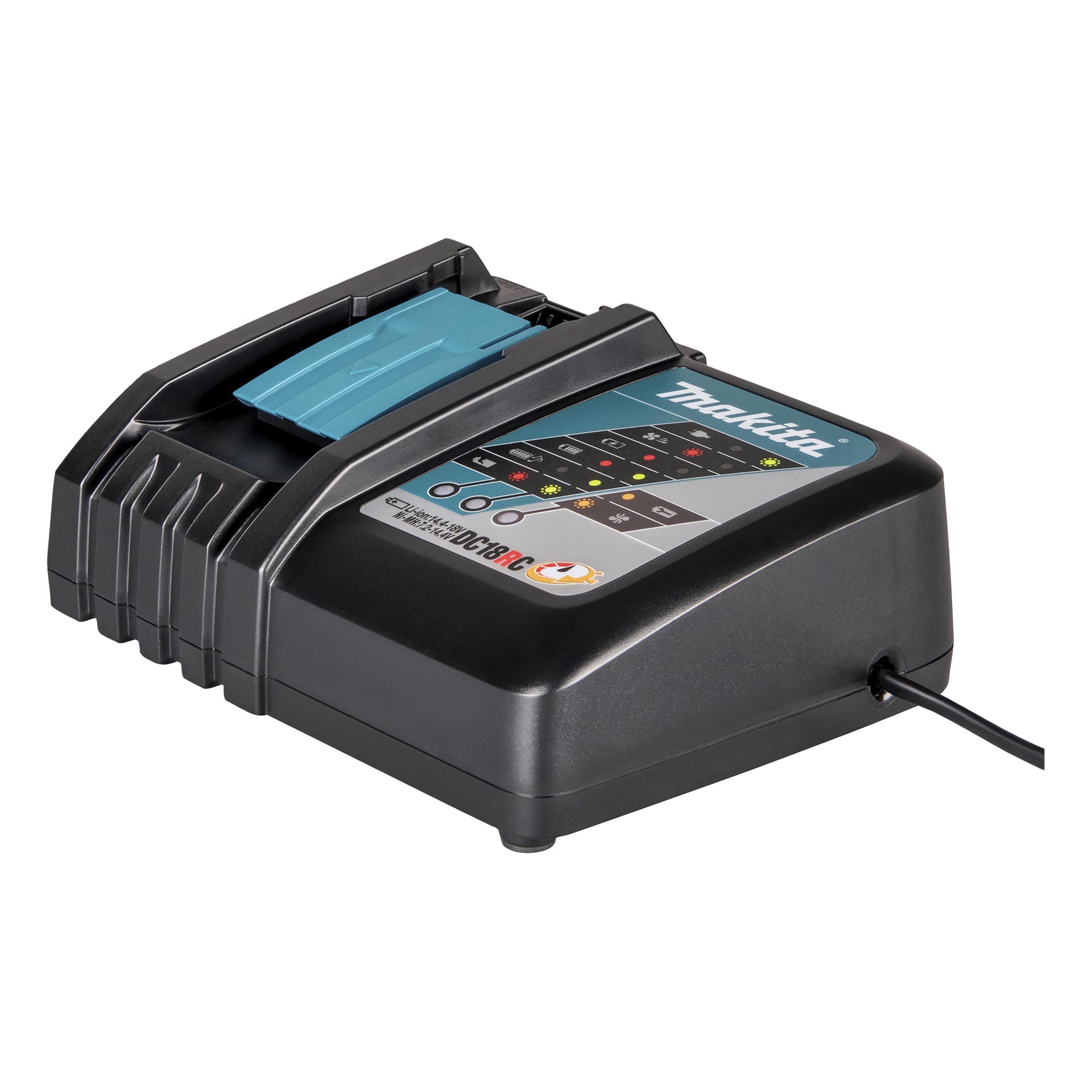 Makita Battery och DC18RC snabbladdare i svart och blått, med indikatorlampor, märkta reglage och synlig inkopplad strömkabel.