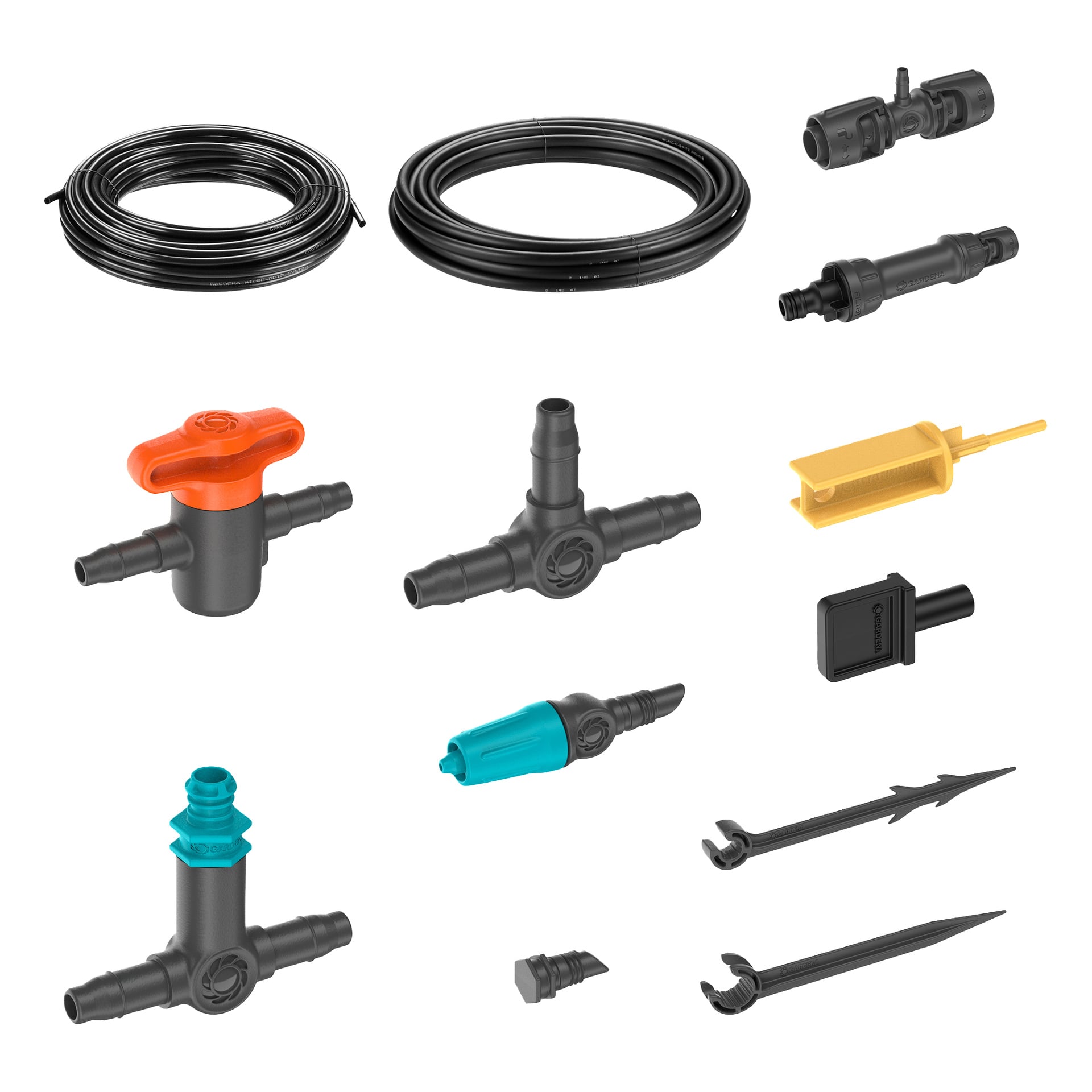 Gardena Micro-Drip-System-deler for uteplanter – rør, ventiler, dryppere, påler og verktøy – er pent arrangert i rader.