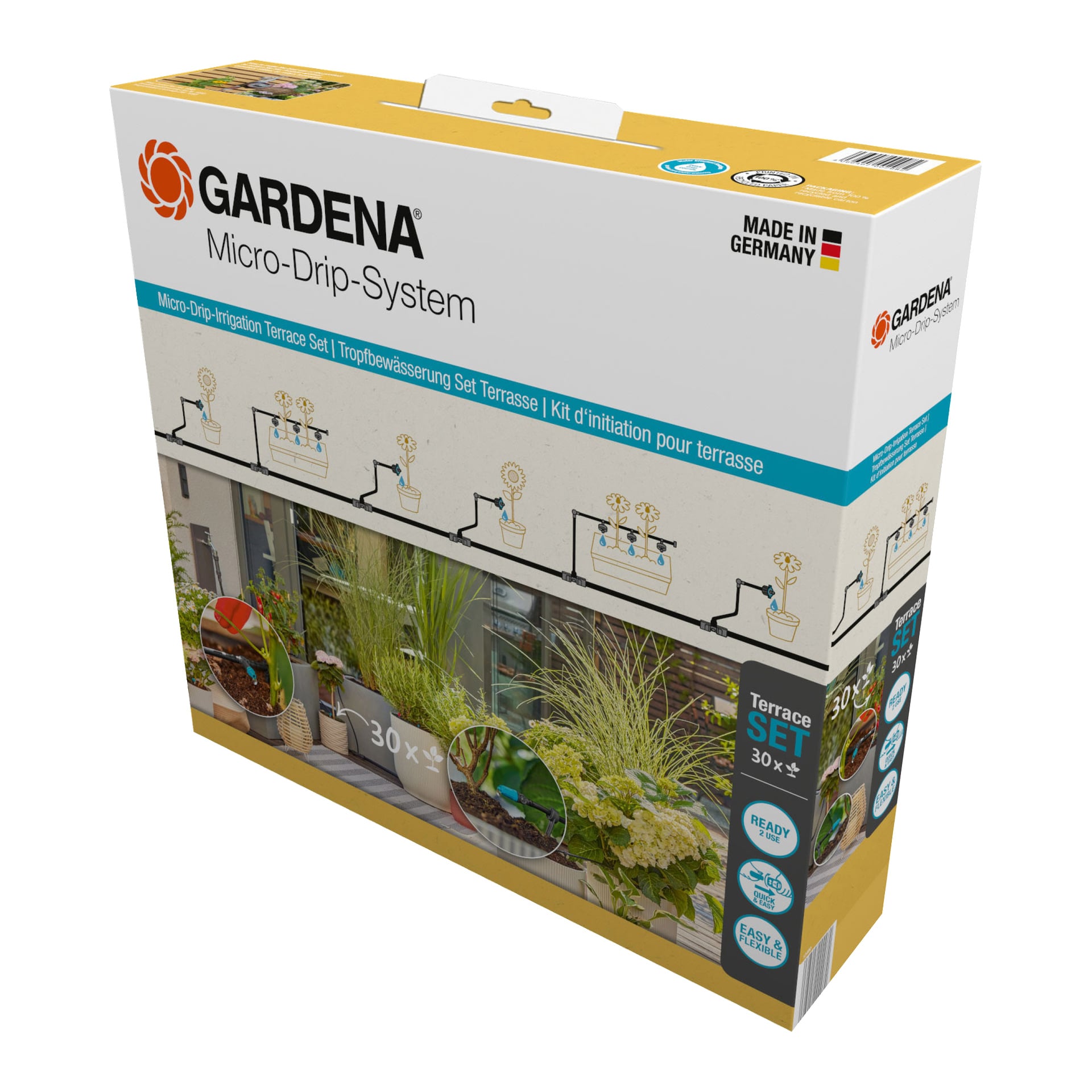 Gardena Micro-Drip-System-boks for terrasseplanter som viser produktbilder, oppsettdetaljer og er merket som et tyskprodusert vanningssett.
