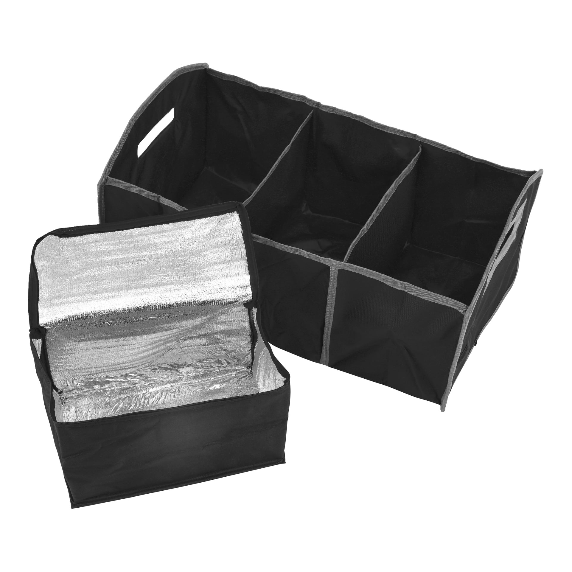 Hamron Collapsible bilbagageväska har sex svarta tygfack och en matchande kylväska med silverkant.
