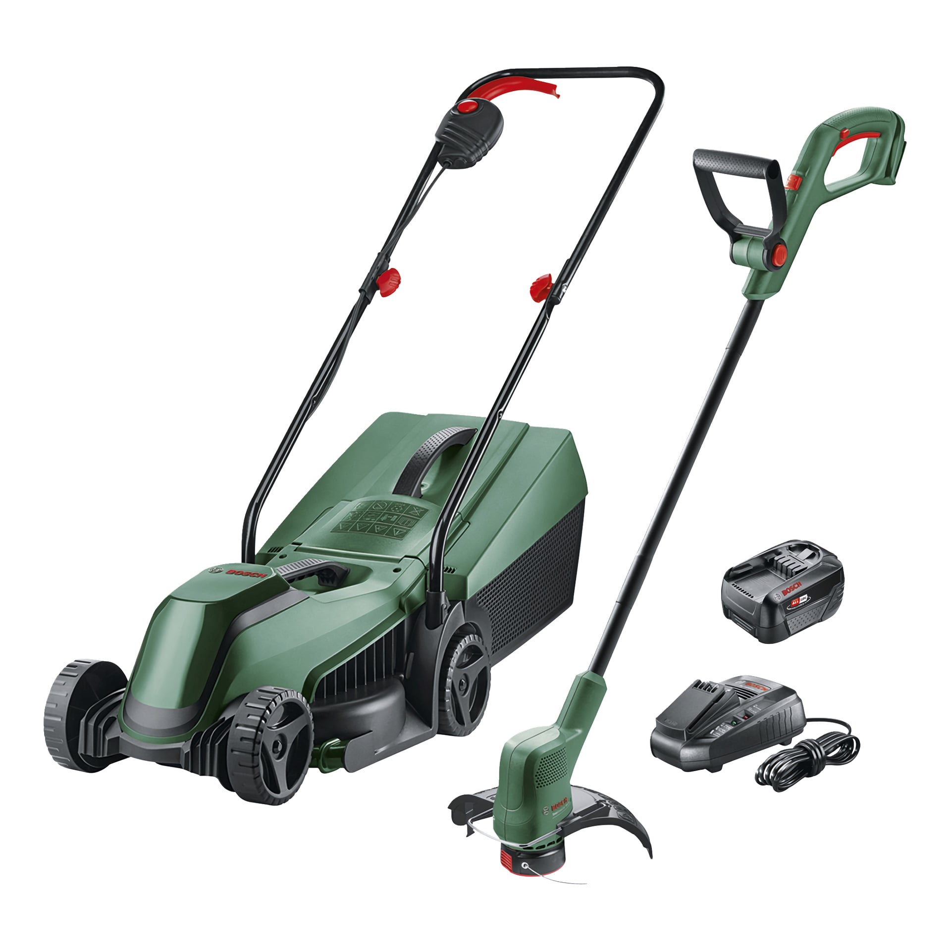 Bosch Power 4 Helt sladdlös gräsklippare och grästrimmer-set med batteripack och laddare inkluderat.