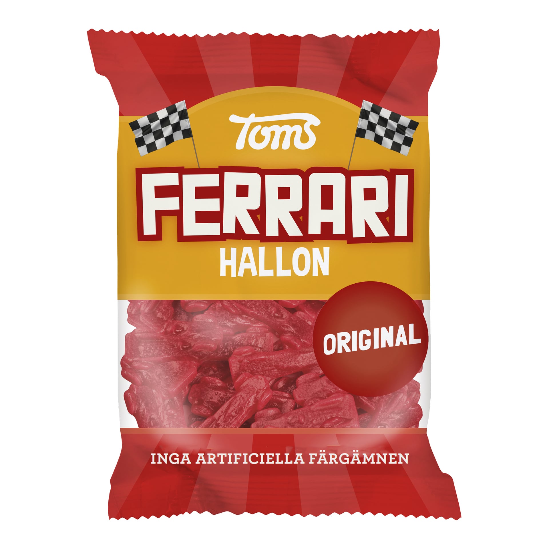 Toms Ferrari Original Hallongodis i en röd och gul påse med rutiga flaggor, med röda bilformade godis och text under.