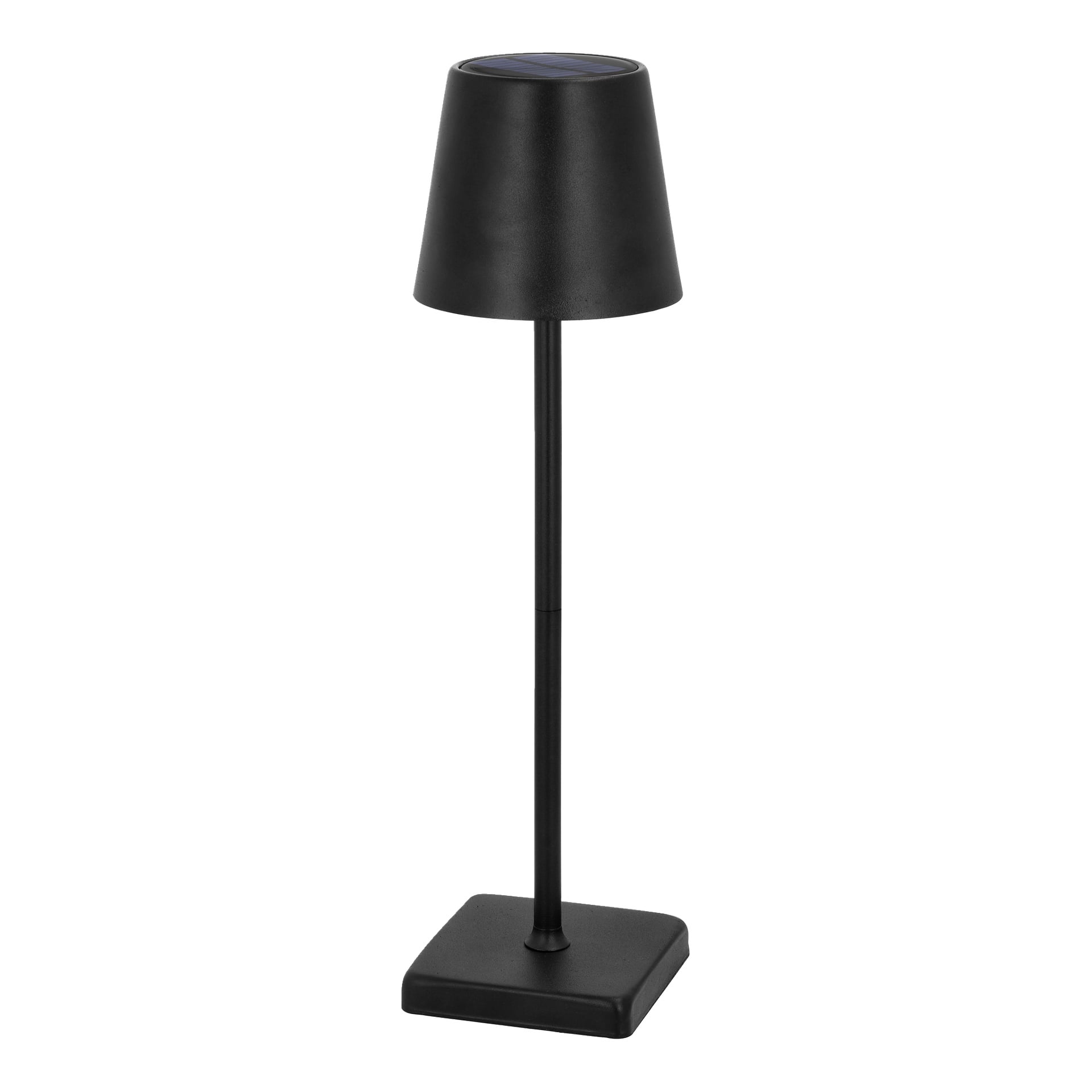 Anslut Rechargeable bordslampa har en svart konisk skärm, rak cylindrisk stjälk och en fyrkantig bas.