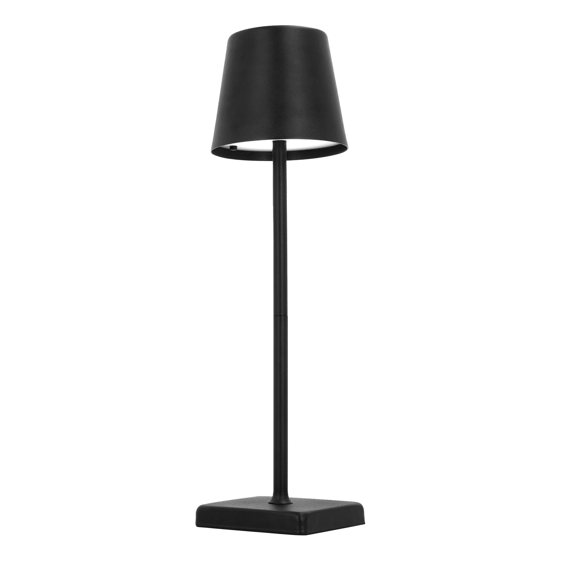 Anslut Rechargeable solcellslampa med LED har ett elegant svart utseende med en cylindrisk skärm, rak stång och fyrkantig bas.