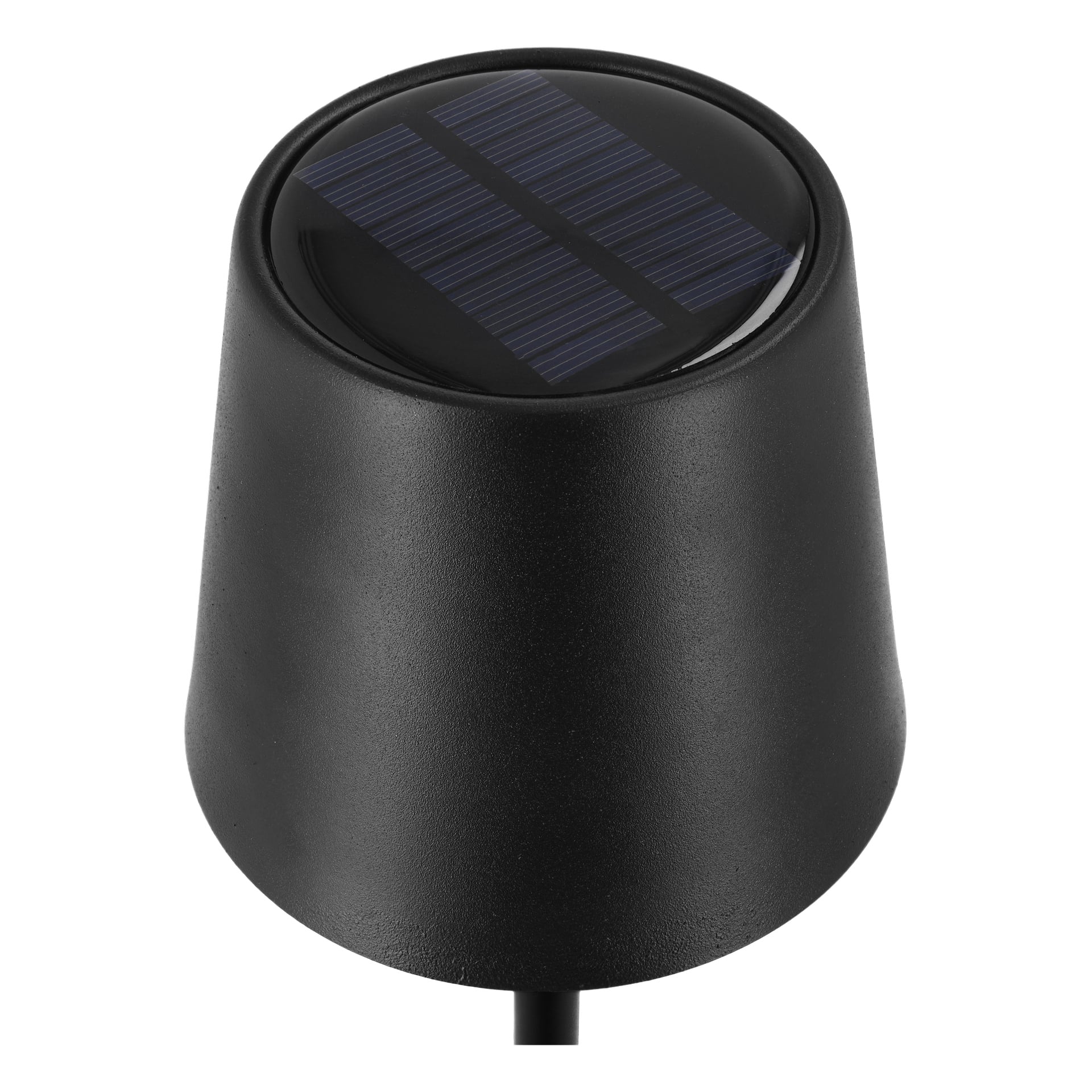 Närbild på Anslut Rechargeable bordslampa med LED, som visar en svart konisk kropp och rund topp med rektangulära solceller.