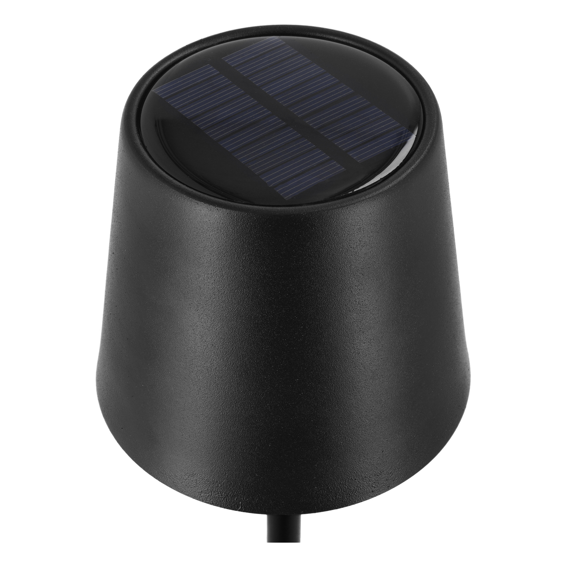 Närbild på Anslut Rechargeable bordslampa med LED, som visar en svart konisk kropp och rund topp med rektangulära solceller.