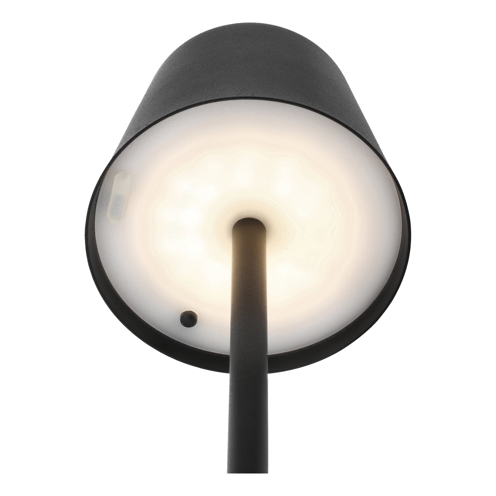 Närbild av Anslut Rechargeable bordslampas undersida, som visar en slank svart design, vit rund lampa och en central nedåtriktad stång.
