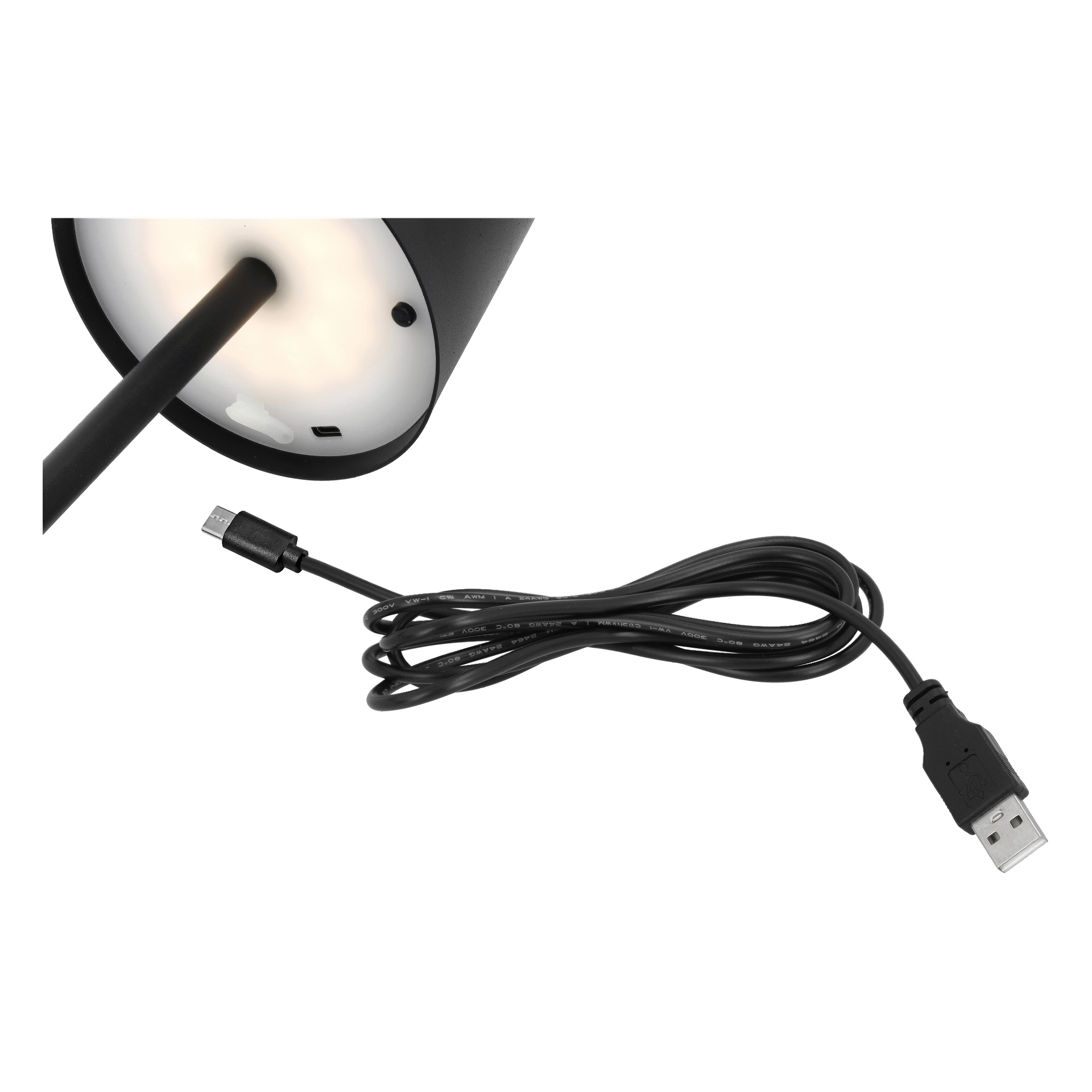 Närbild av Anslut uppladdningsbar bordslampa med solcells-LED-bas och en svart USB-kabel med micro USB- och USB-A-kontakter.