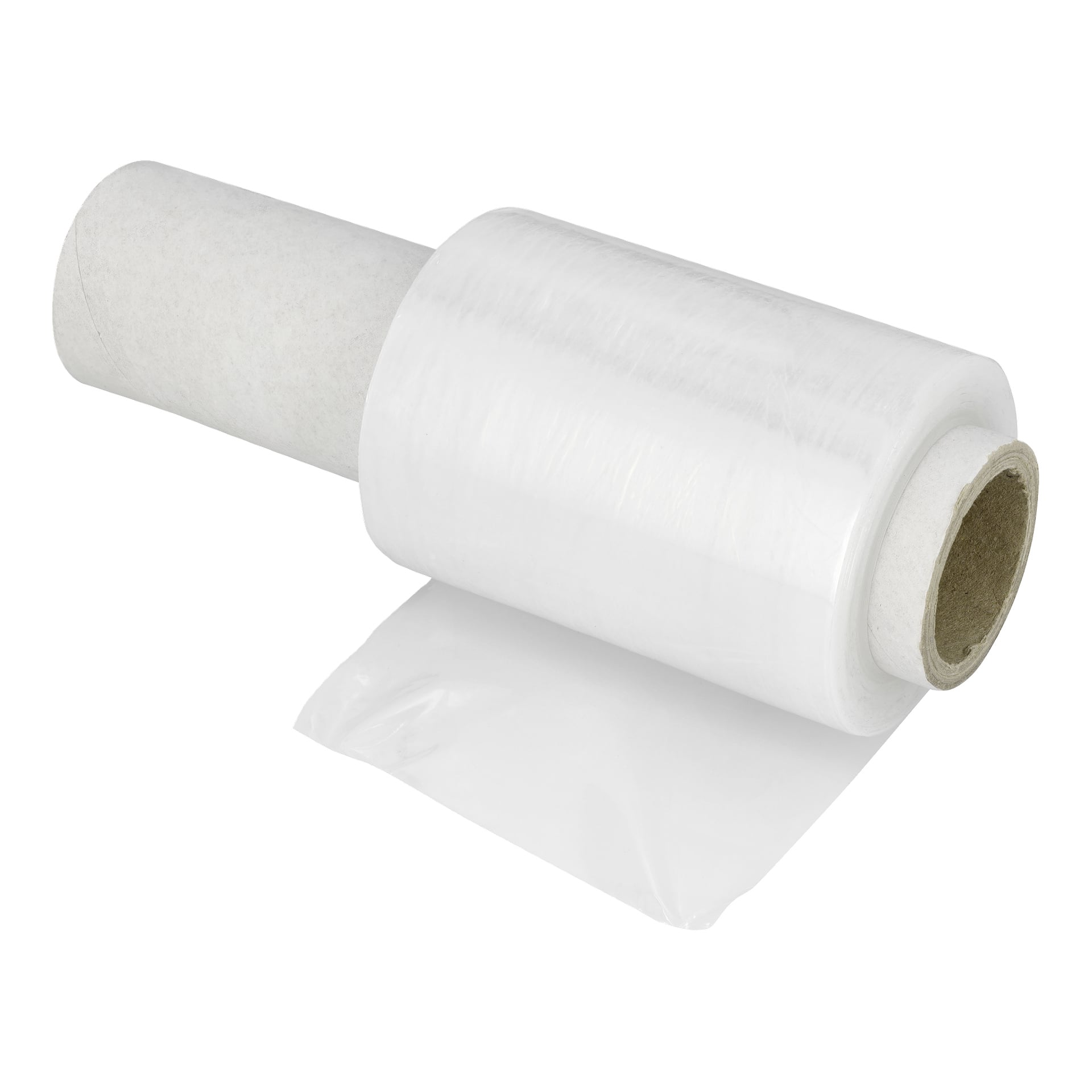 Częściowo rozwinięta folia Hard Head Stretch z uchwytem pokazuje przezroczystą folię plastikową i odsłoniętą tekturę w centrum.