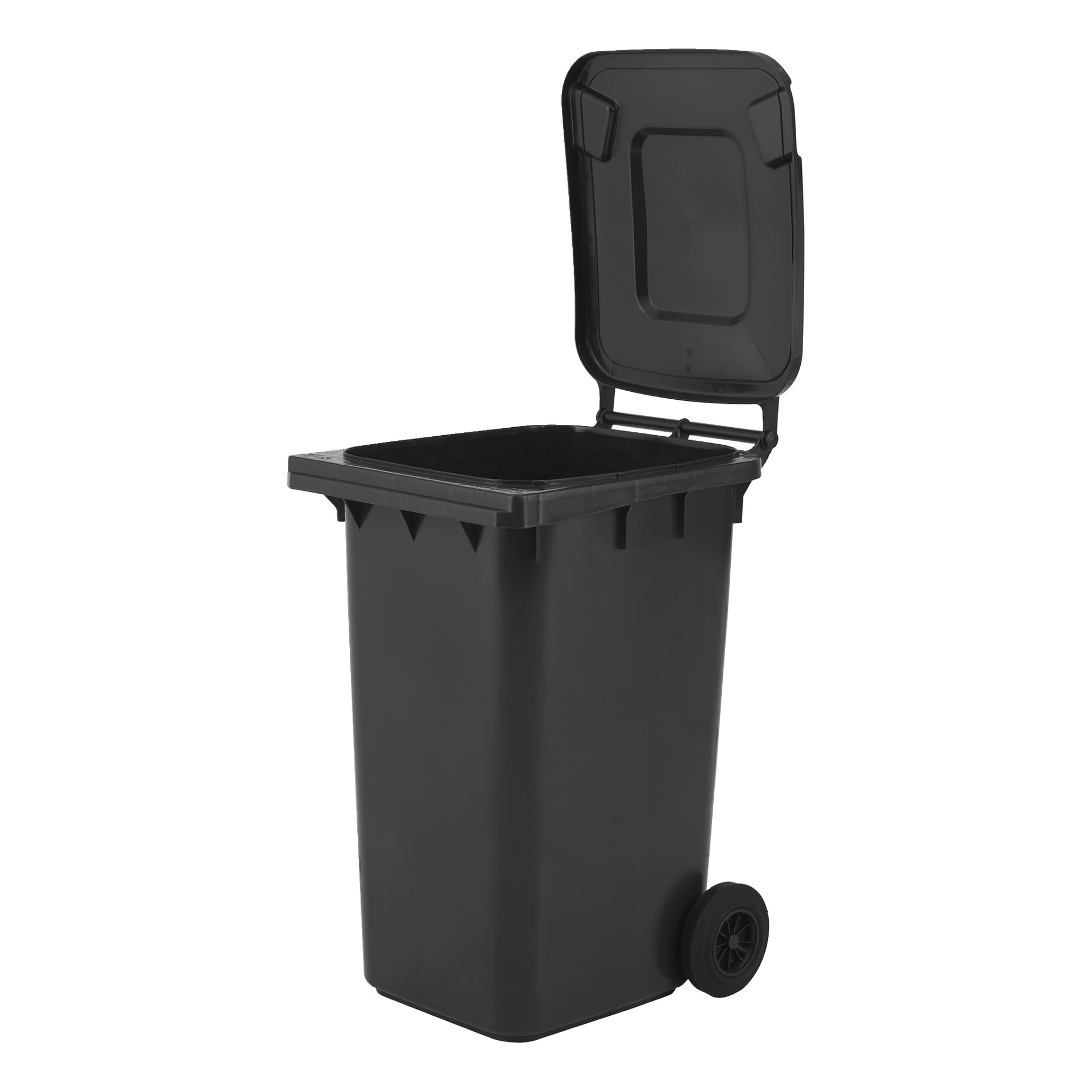 Hard Head Waste-behållaren är en svart soptunna på hjul med locket öppet.