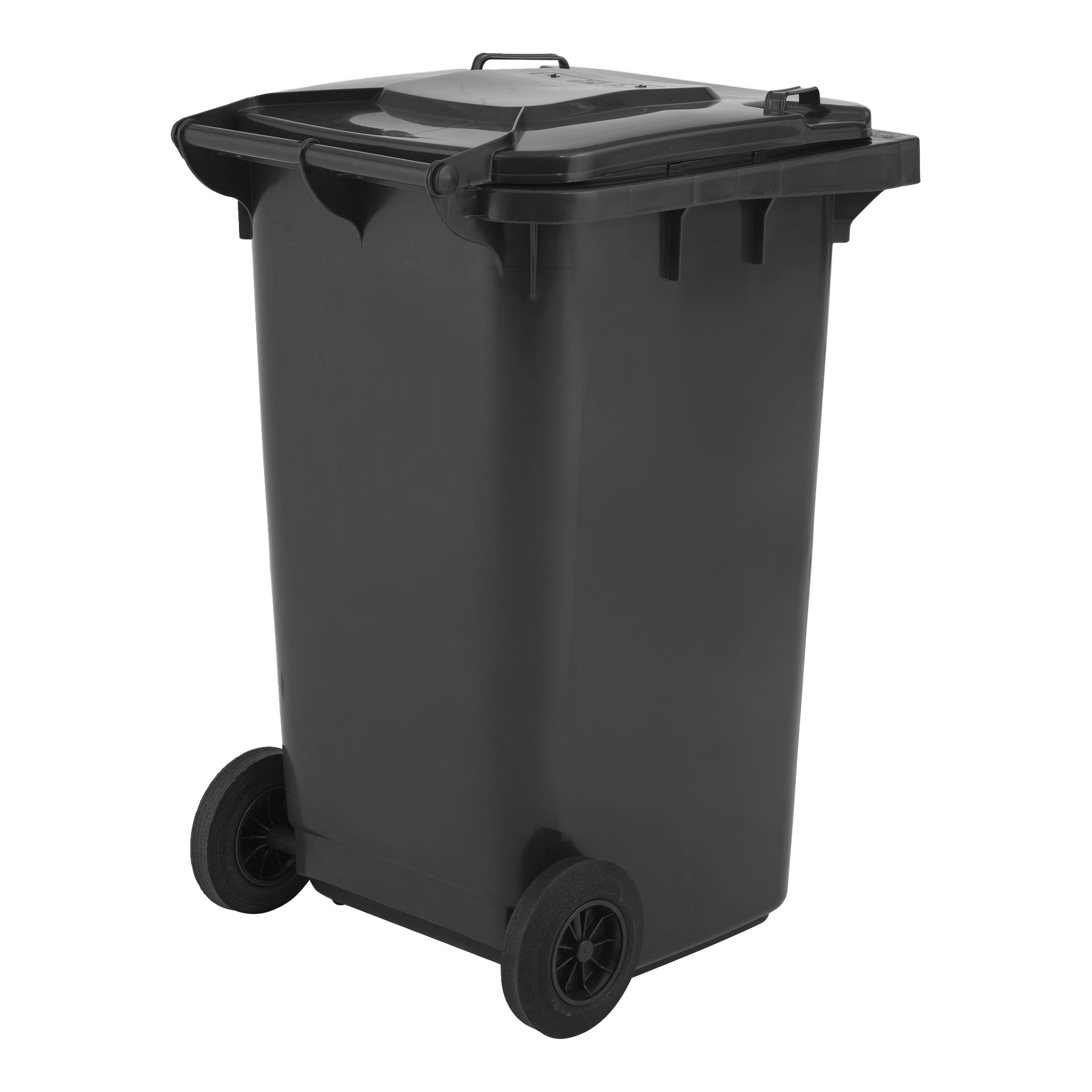 En stor svart plastbehållare för Hard Head avfall med stängt lock och två hjul, designad för utomhusinsamling av avfall vid trottoarkanten.