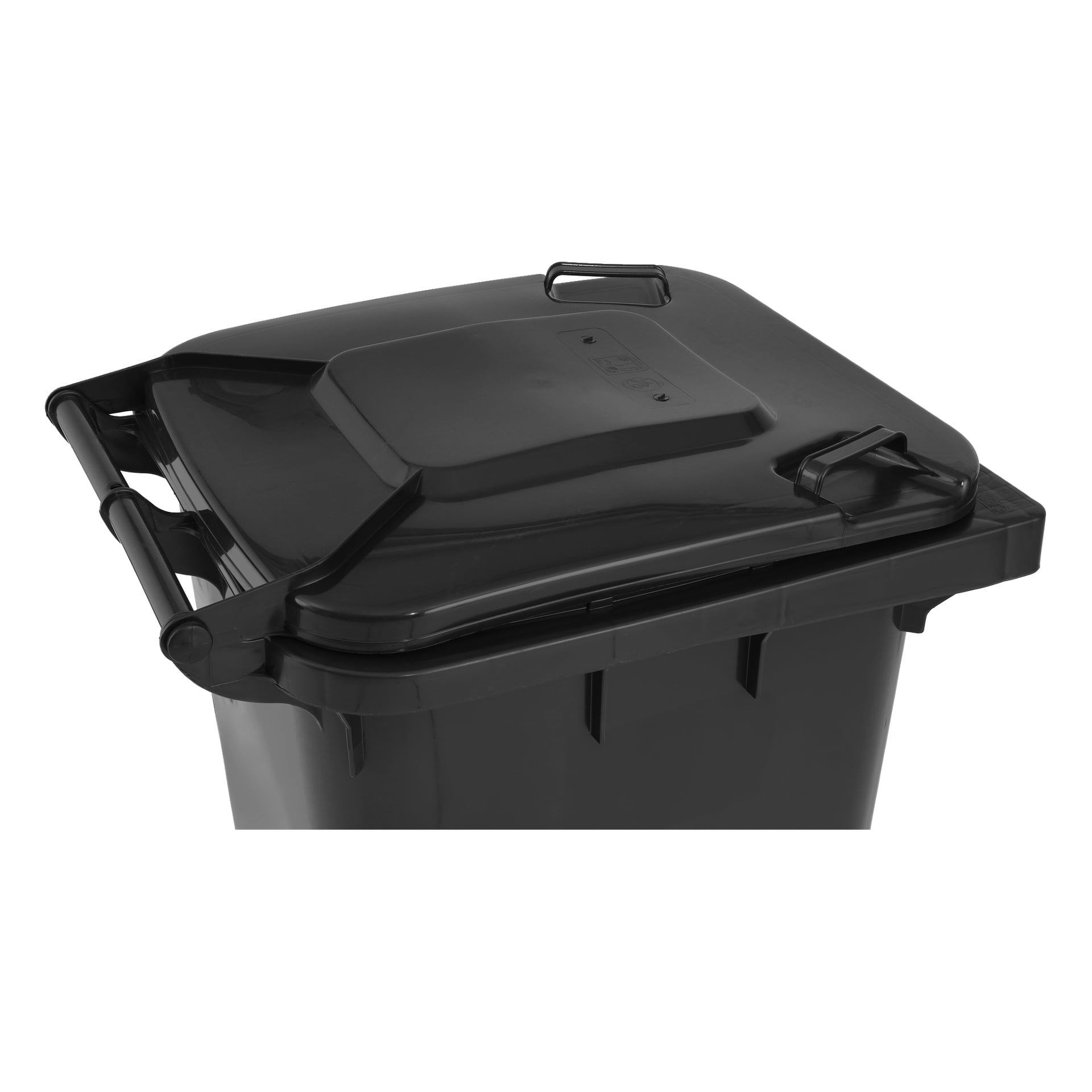 Närbild på toppen av en Hard Head avfallsbehållare, som visar dess stängda svarta plastlock och två sidohandtag på den robusta utomhusbehållaren.