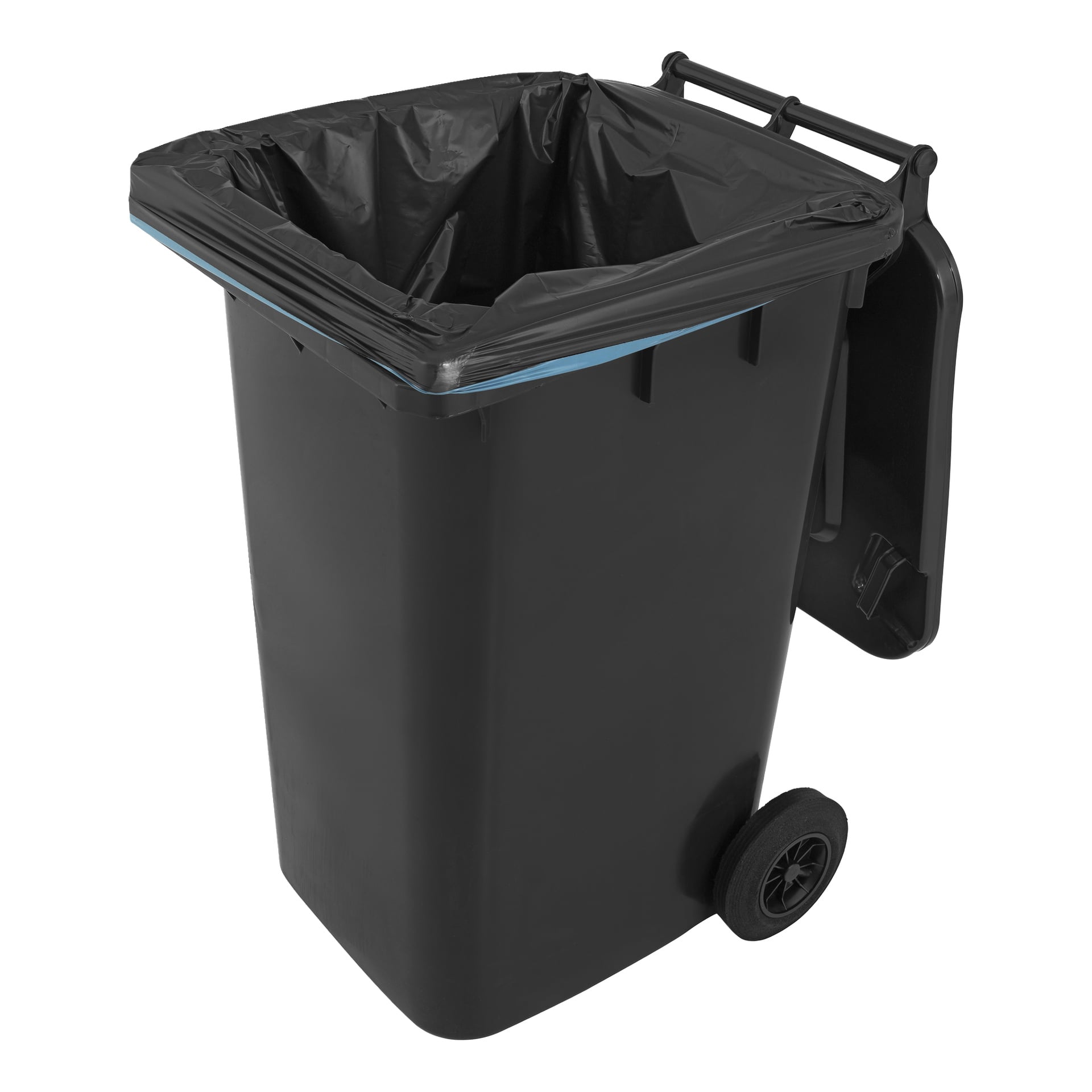 Hard Head Waste Bag är en stor svart plasttunna med två hjul, handtag för rörlighet och en svart soppåse.