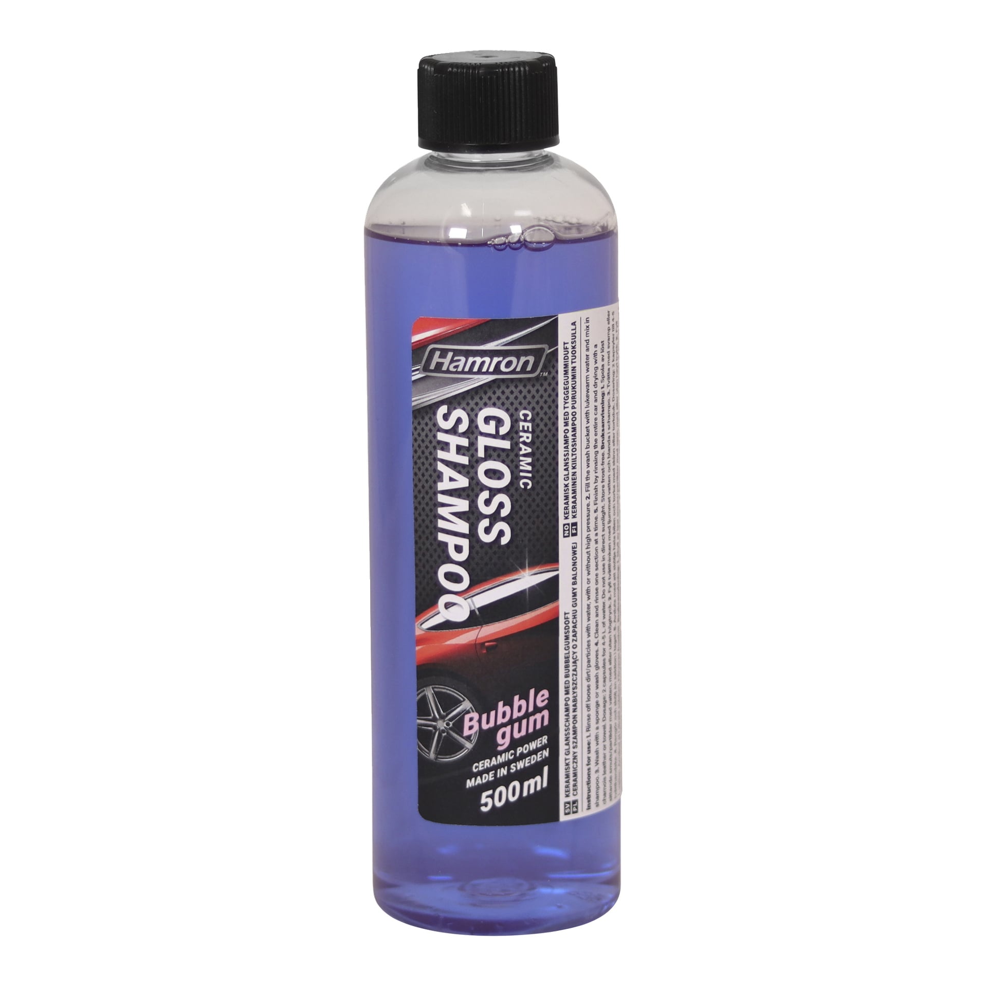 Ett 500 ml Hamron Ceramic Gloss Shampoo med doft av tuggummi, lila vätska och en etikett med en röd bil och produktinformation.