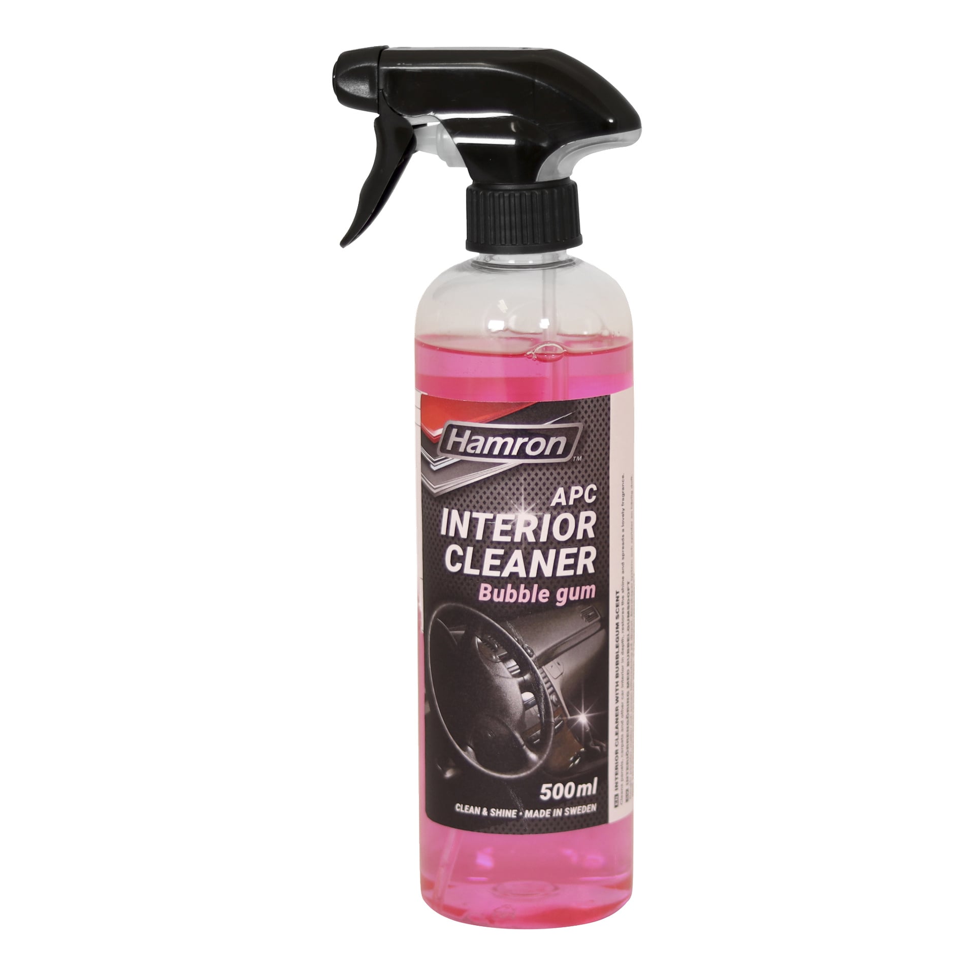 En 500 ml Hamron Interior Cleaner med rosa vätska, svart spraymunstycke, doft av tuggummi och etikett med produktinformation och ratt.