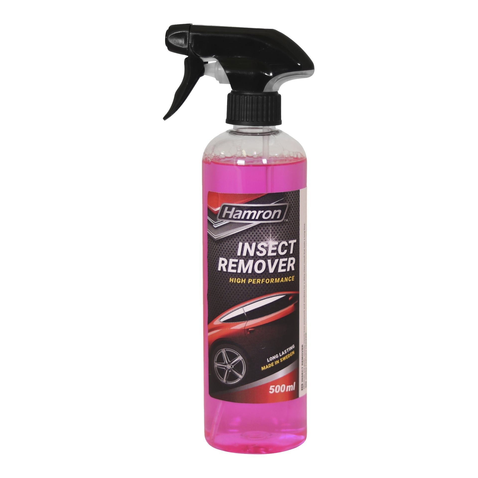 Hamron Insect Remover 500ml sprayflaske med rosa væske, rød bil på etiketten; Kan skilte med høy ytelse og varige resultater. Laget i Sverige.