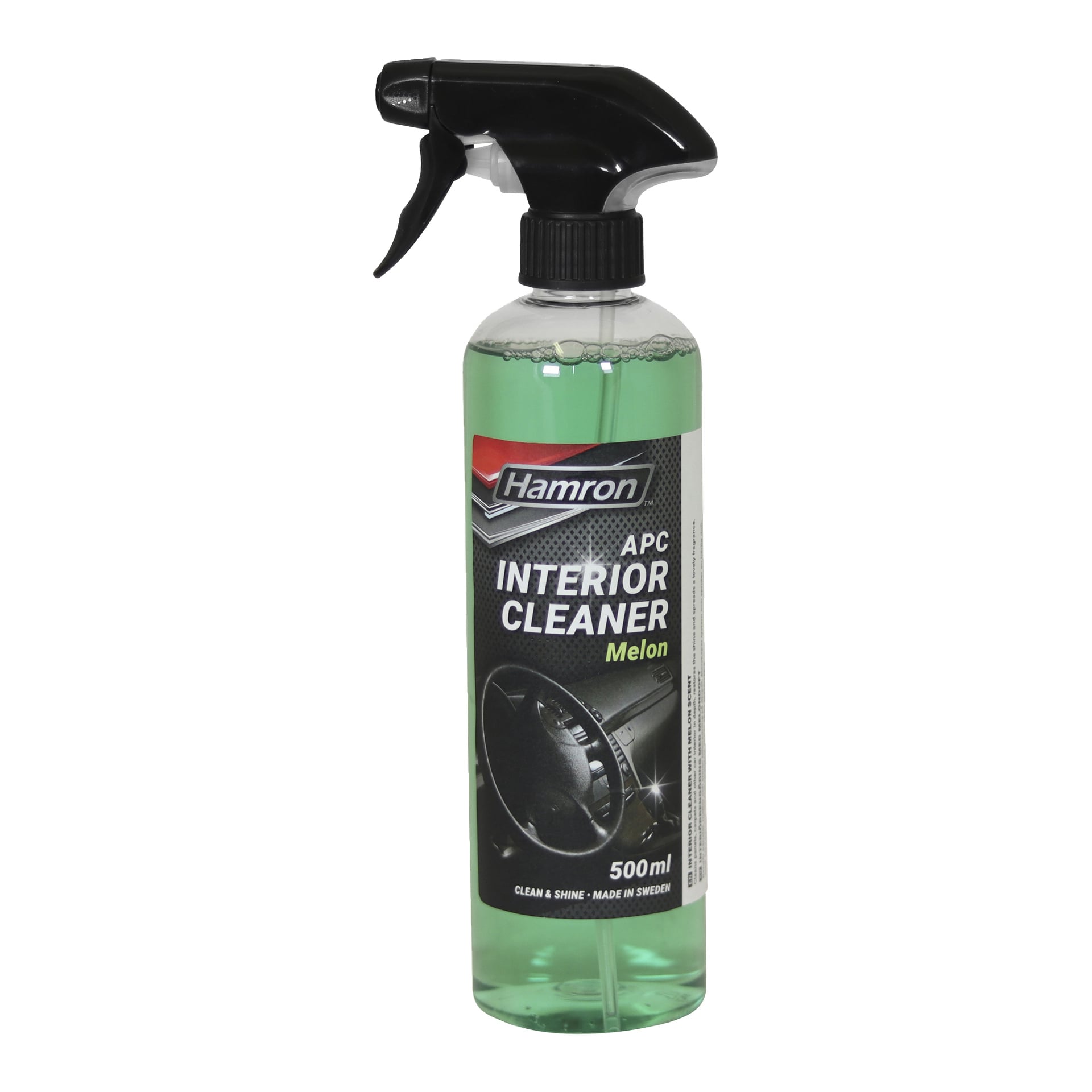 En 500 ml klar sprayflaske med Hamron Interior Cleaner med svart avtrekker, fylt med grønn væske; etiketten viser detaljer og bilinteriør.