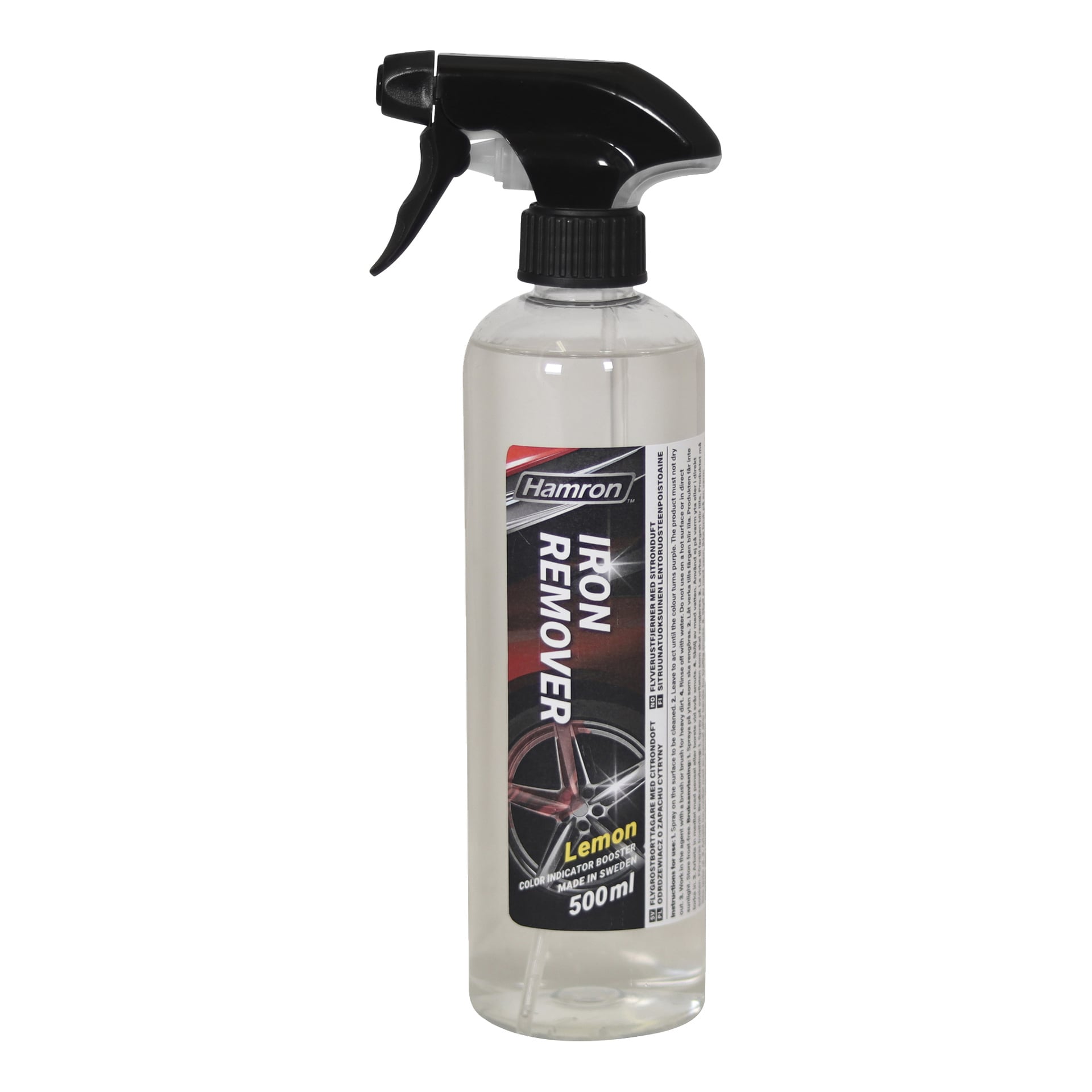Przezroczysta butelka z czarnym zasłoną spustowym jest oznaczona przez Hamrona jako "Flash rust remover with lemon scer" i przedstawia grafikę koła samochodowego. Na etykiecie wspomniano także o "color indicator booster" oraz "500ml".