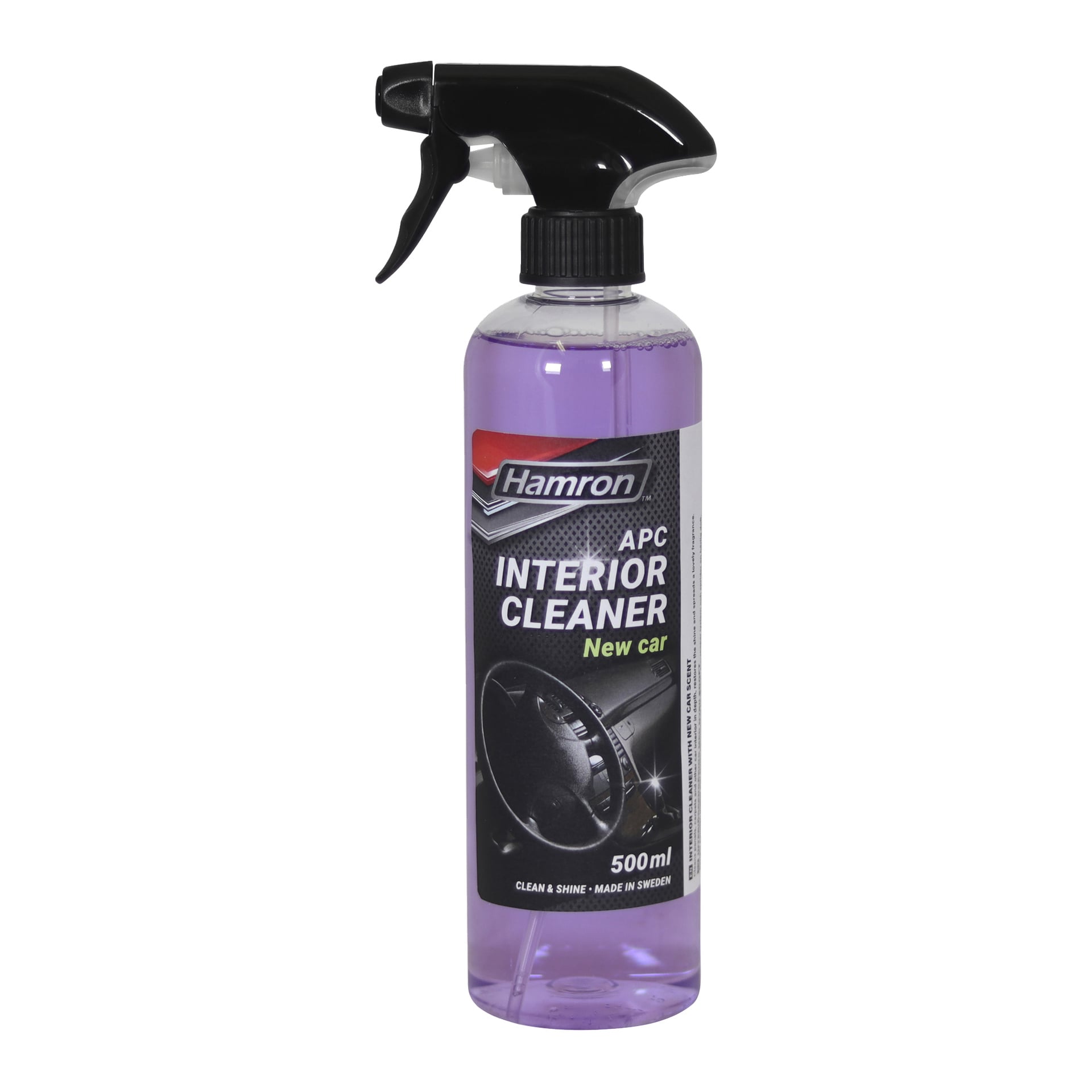 En 500 ml Hamron bilinteriörrengöring med svart spraymunstycke och lila vätska, märkt "New car scent", tillverkad i Sverige.