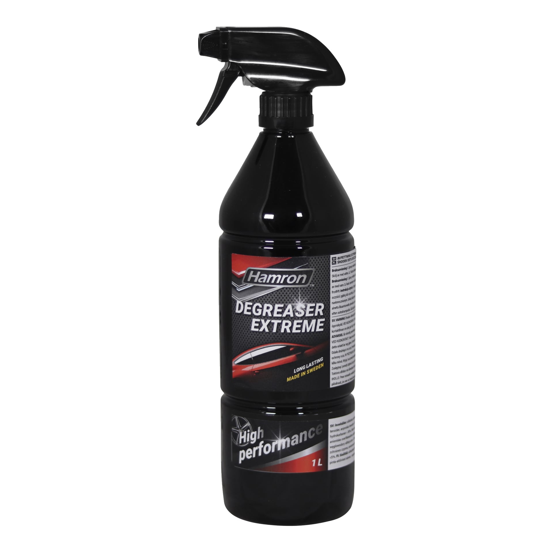 En 1L svart Hamron Degreaser Extreme sprayflaska med "High performance" och "Long halting" på etiketten, utlösarmunstycke på toppen.