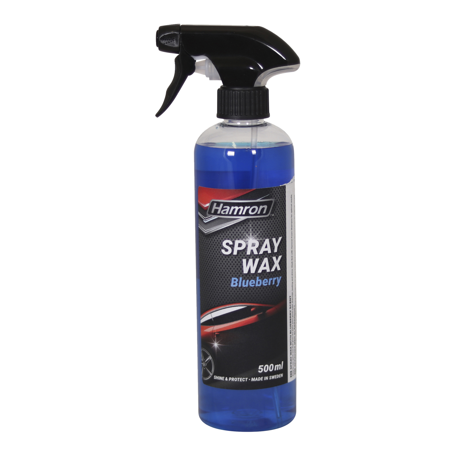 Hamron Spray Wax, mustikan tuoksuinen, 500 ml suihkepullo, jossa on punaisen auton etiketti ja väitteet lisäkiillosta ja suojasta.