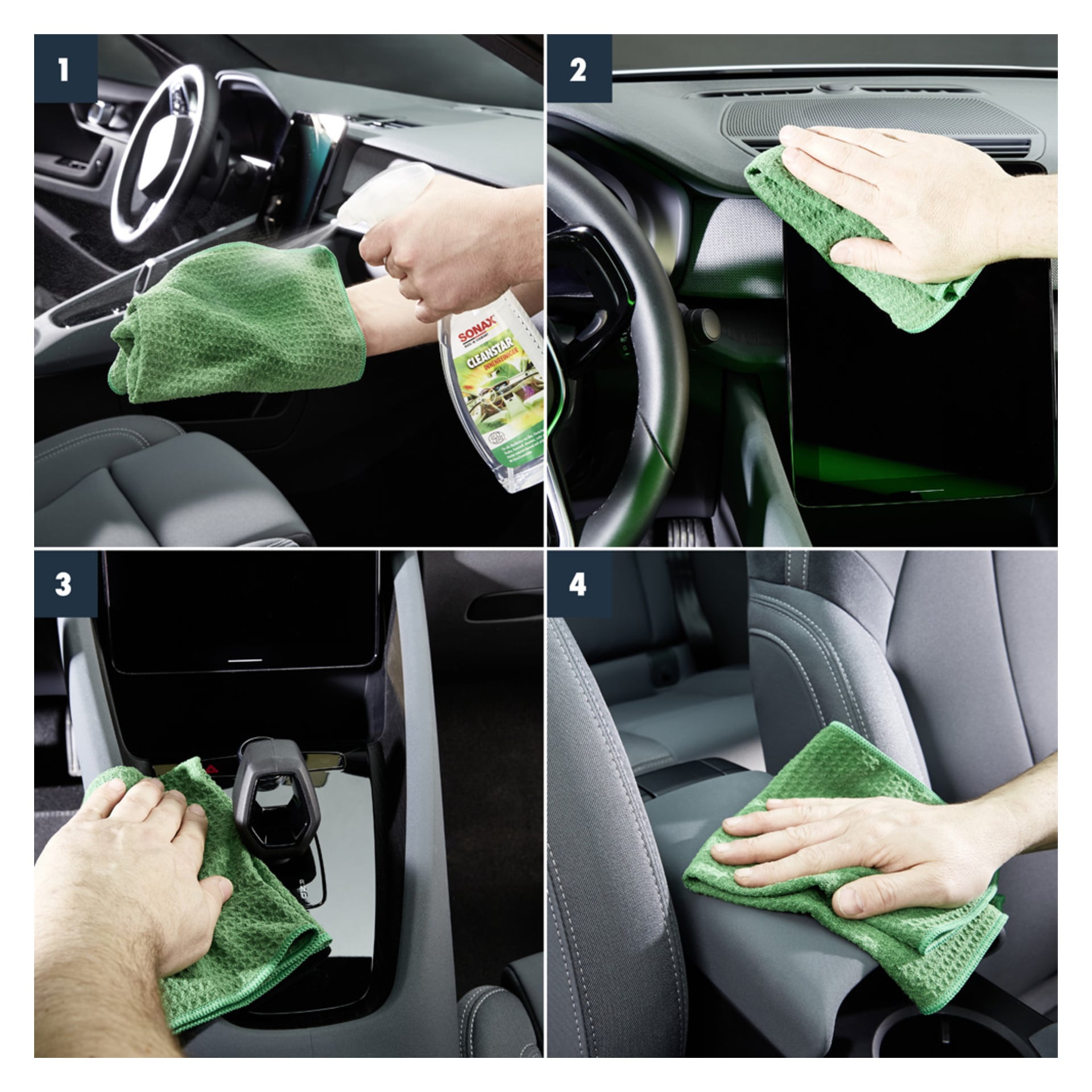Händerna använder Sonax Interior Cleaner, CleanStar APC och en grön trasa för att torka av bilens instrumentpanel, skärm, konsol och säte i fyra paneler.