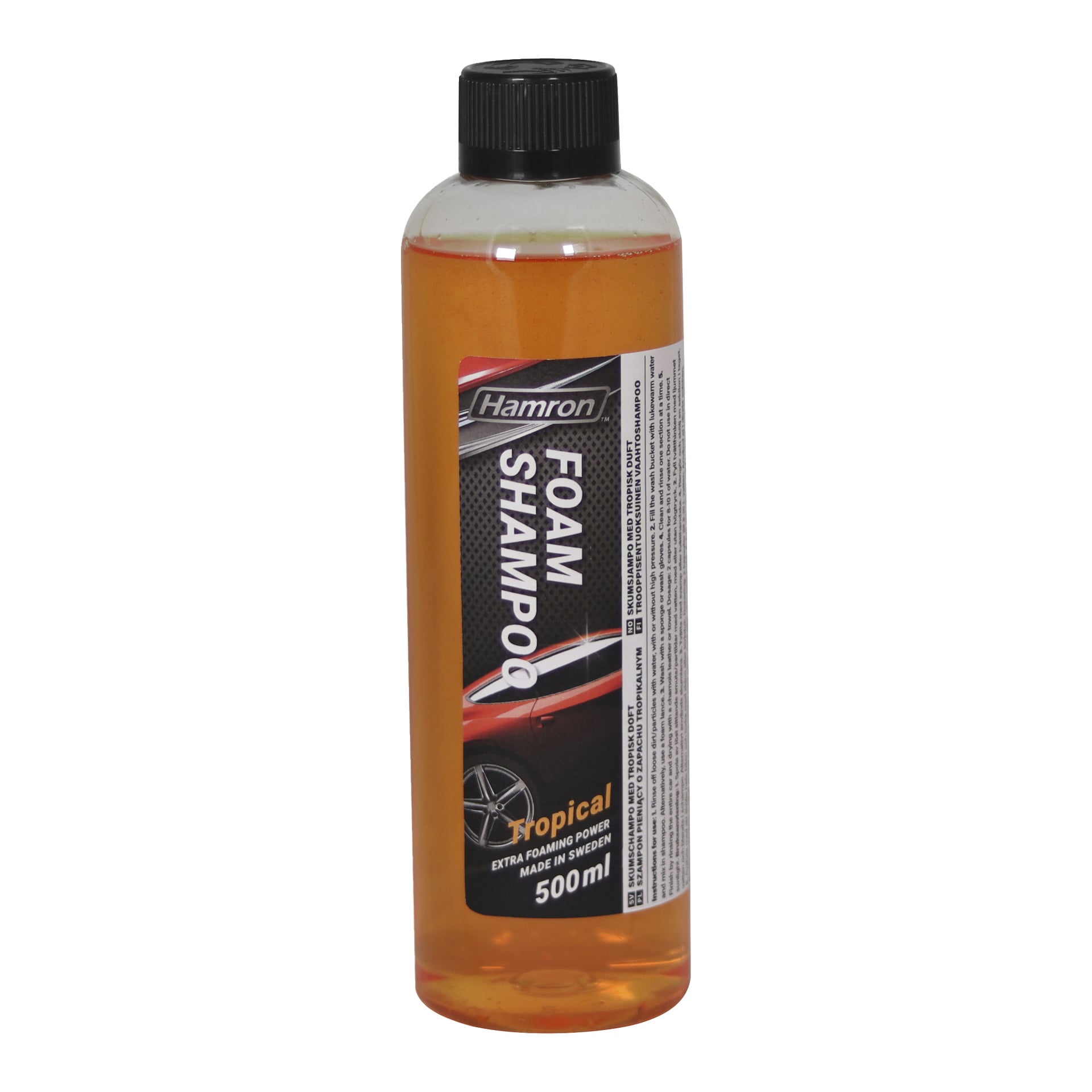 Hamron Foaming Shampoo, 500 ml flaska med apelsinvätska, tropisk doft, extra skum för bilar. Tillverkad i Sverige.