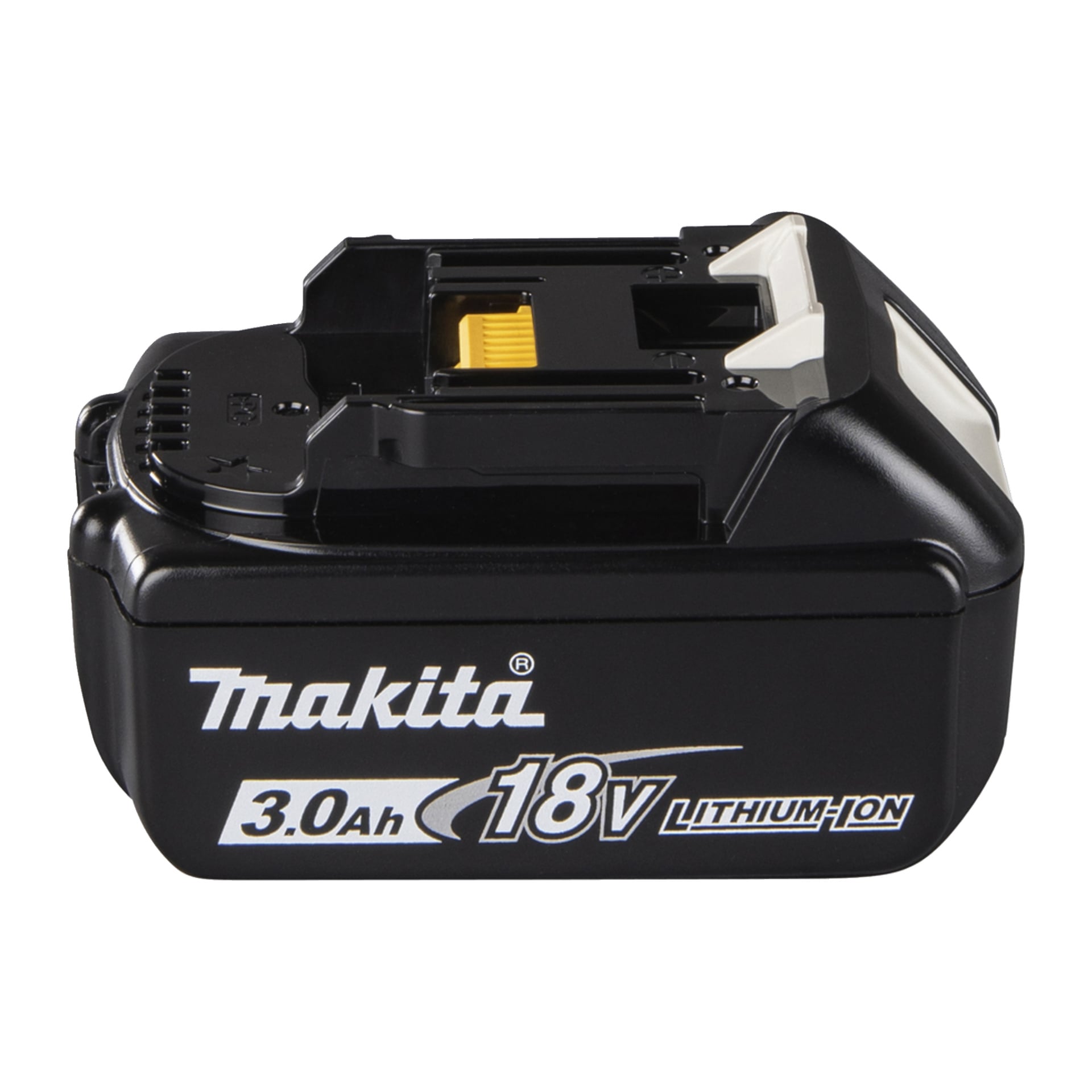 Makita BL1830B LXT 18V 3.0Ah bateria litowo-jonowa z białym oznaczeniem i żółtym złączem, przeznaczona do elektronarzędzi.