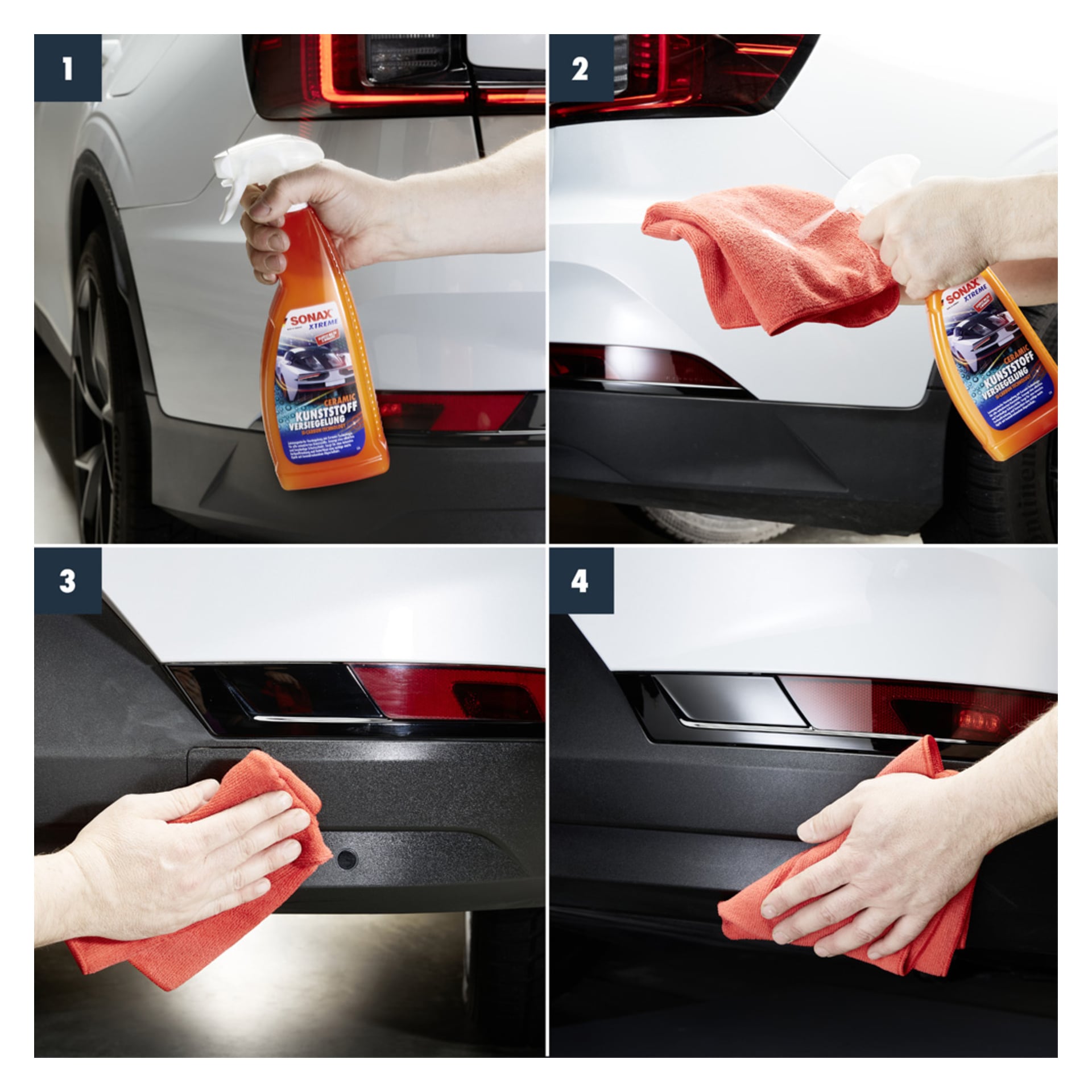 Händerna följer fyra steg med Sonax Ceramic Seal och en orange trasa för att rengöra och återställa den svarta listen på en vit bils bakdel.