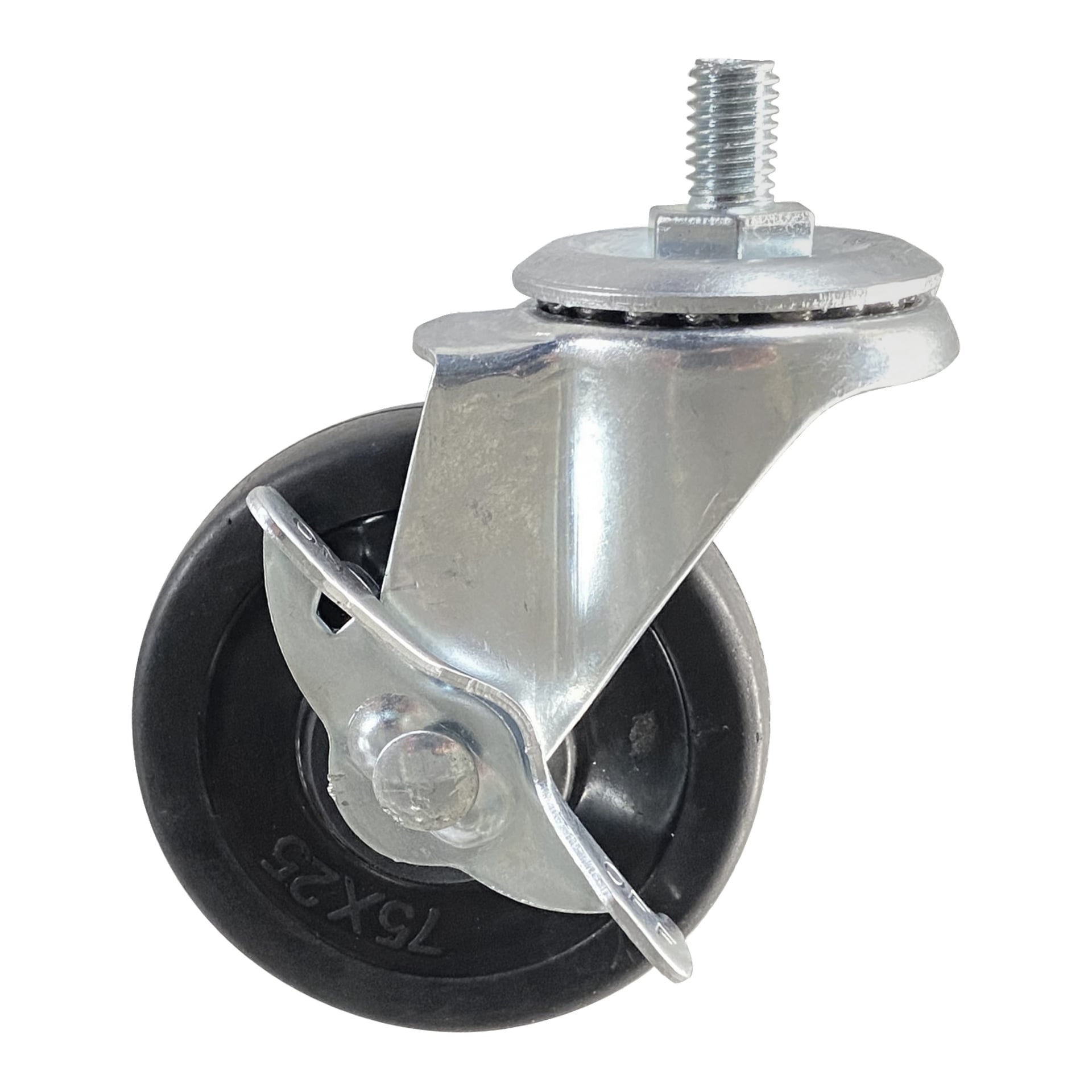 Ett "Wheels for barbecue"-hjul med svart hårt hjul, silverfärgat metallfäste och gängad stjälk.