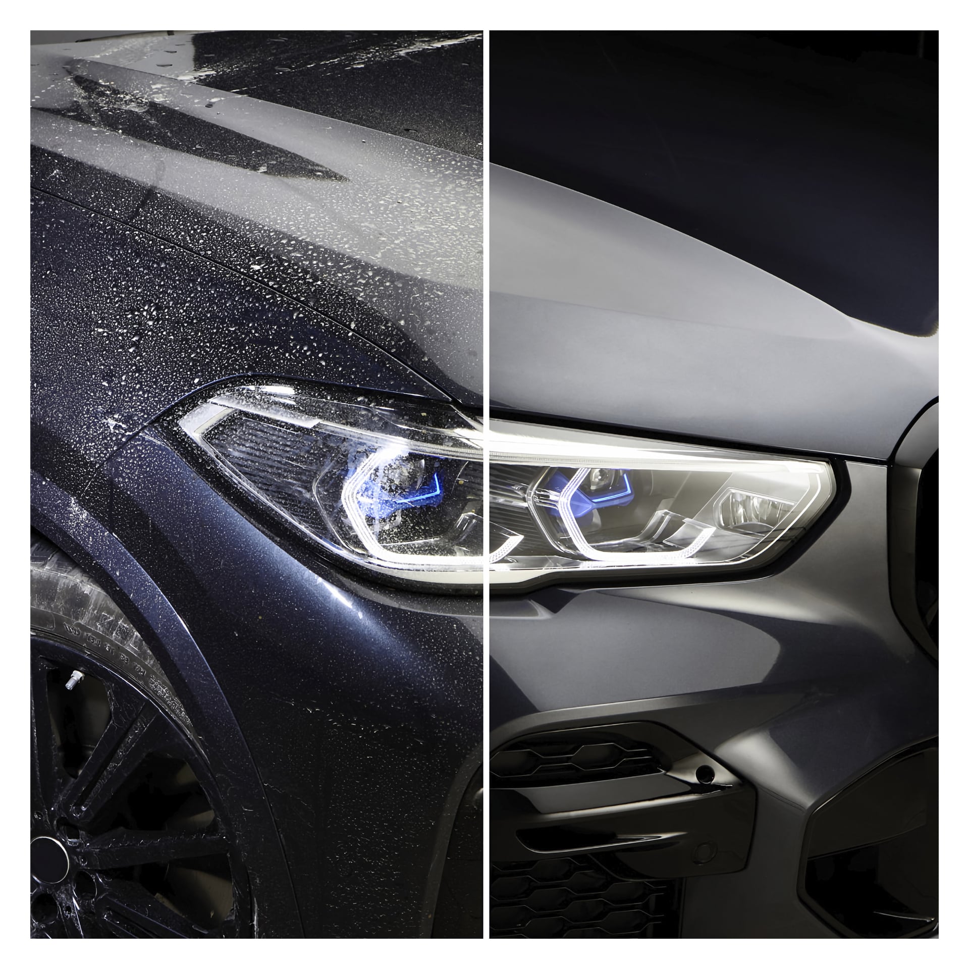 En bil är uppdelad på mitten; vänster halvan är täckt av smuts, medan höger halvan är fläckfri och blank, vilket visar på de starka rengöringsresultaten från Sonax Car washing schampo Xtreme Foam Invasion Limited Edition på huven och strålkastaren. Produktetiketten säger "Xtreme Foam Invasion Limited Edition."