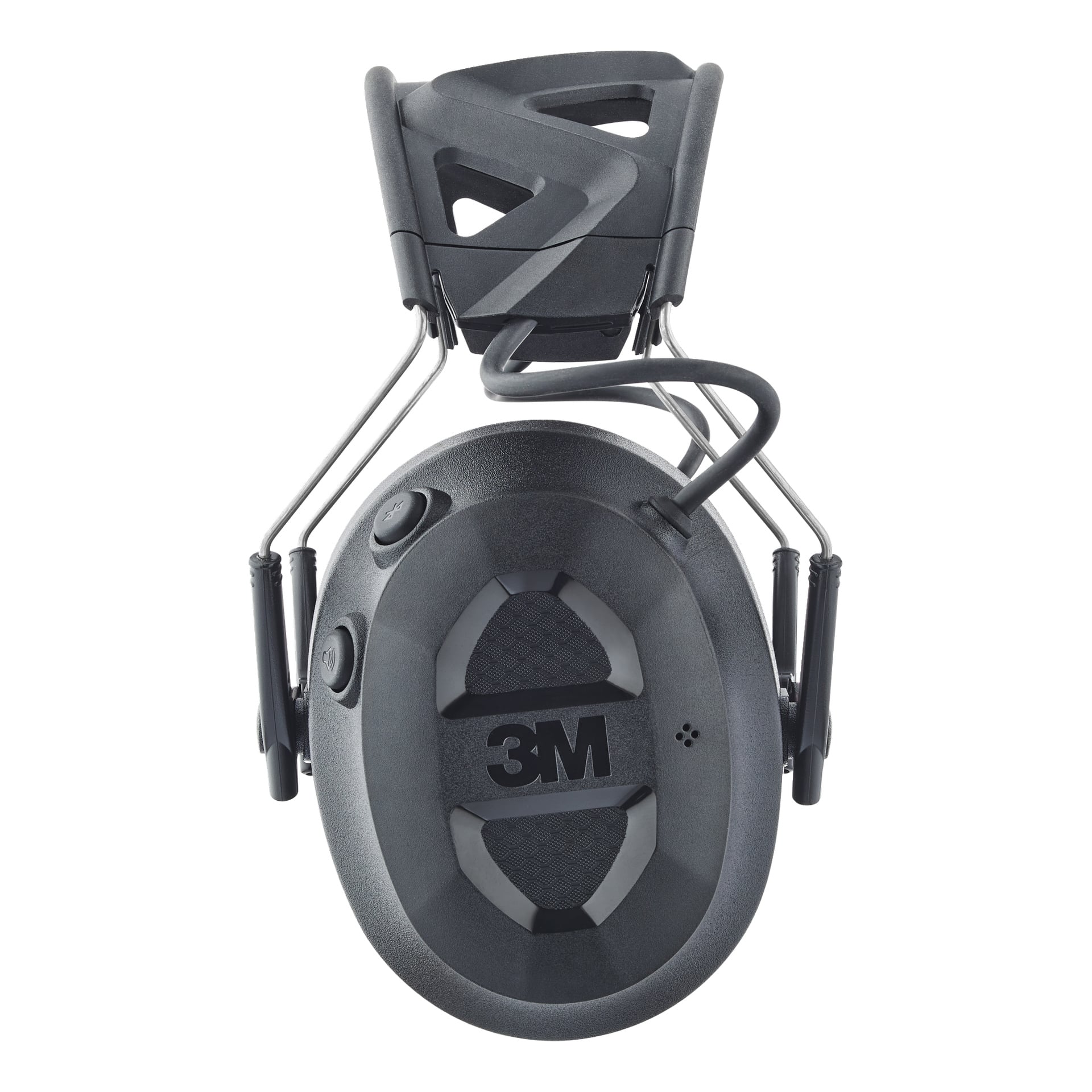 En närbild på svarta 3M-hörselmuffar med Bluetooth Pro-Protect, som visar knappar och mesh på ett justerbart metall- och plasthuvudband.