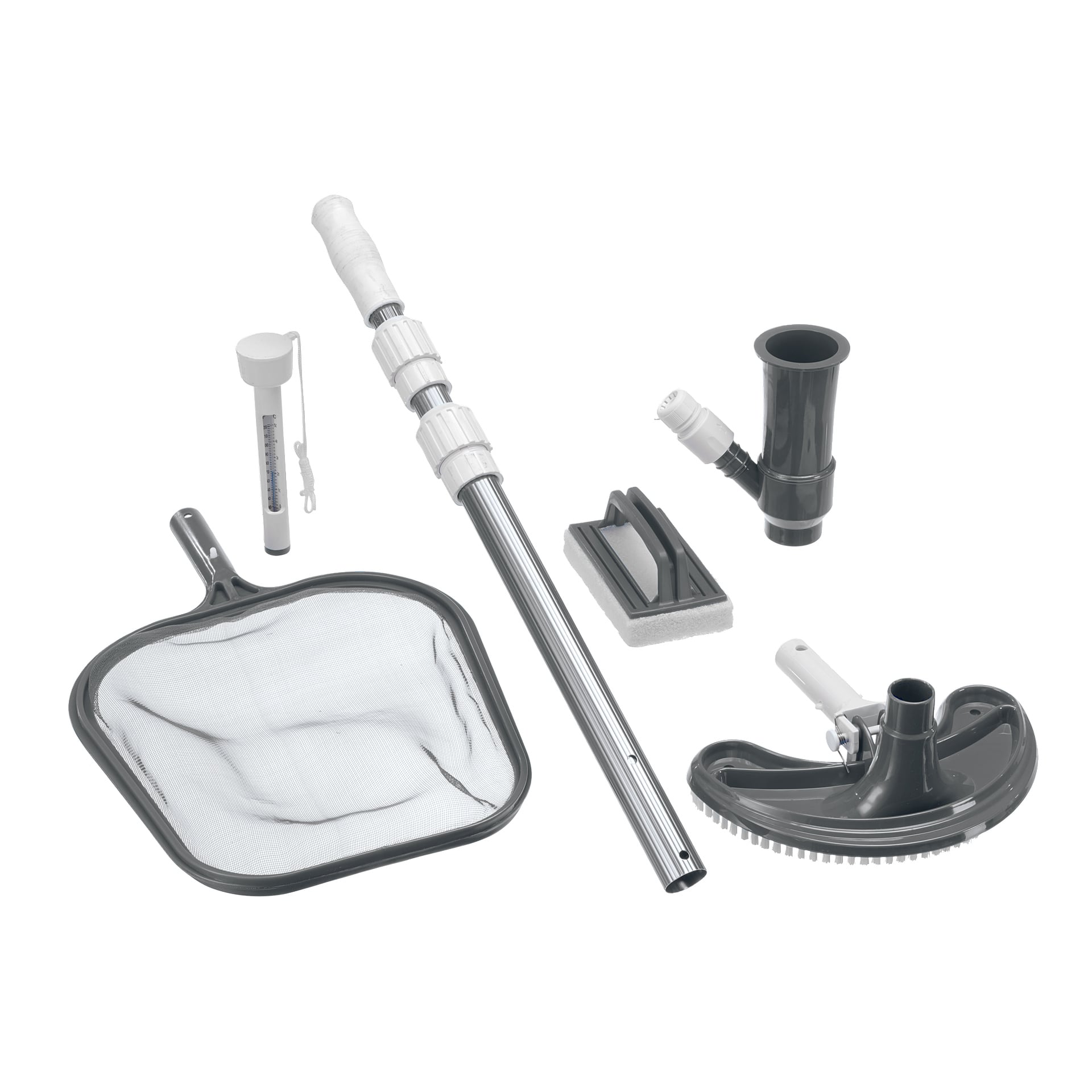 Swim Fun Pool Cleaning Kit innehåller en teleskopstång, skummarnät, termometer, borste och dammsugarhuvud som är prydligt arrangerade tillsammans.