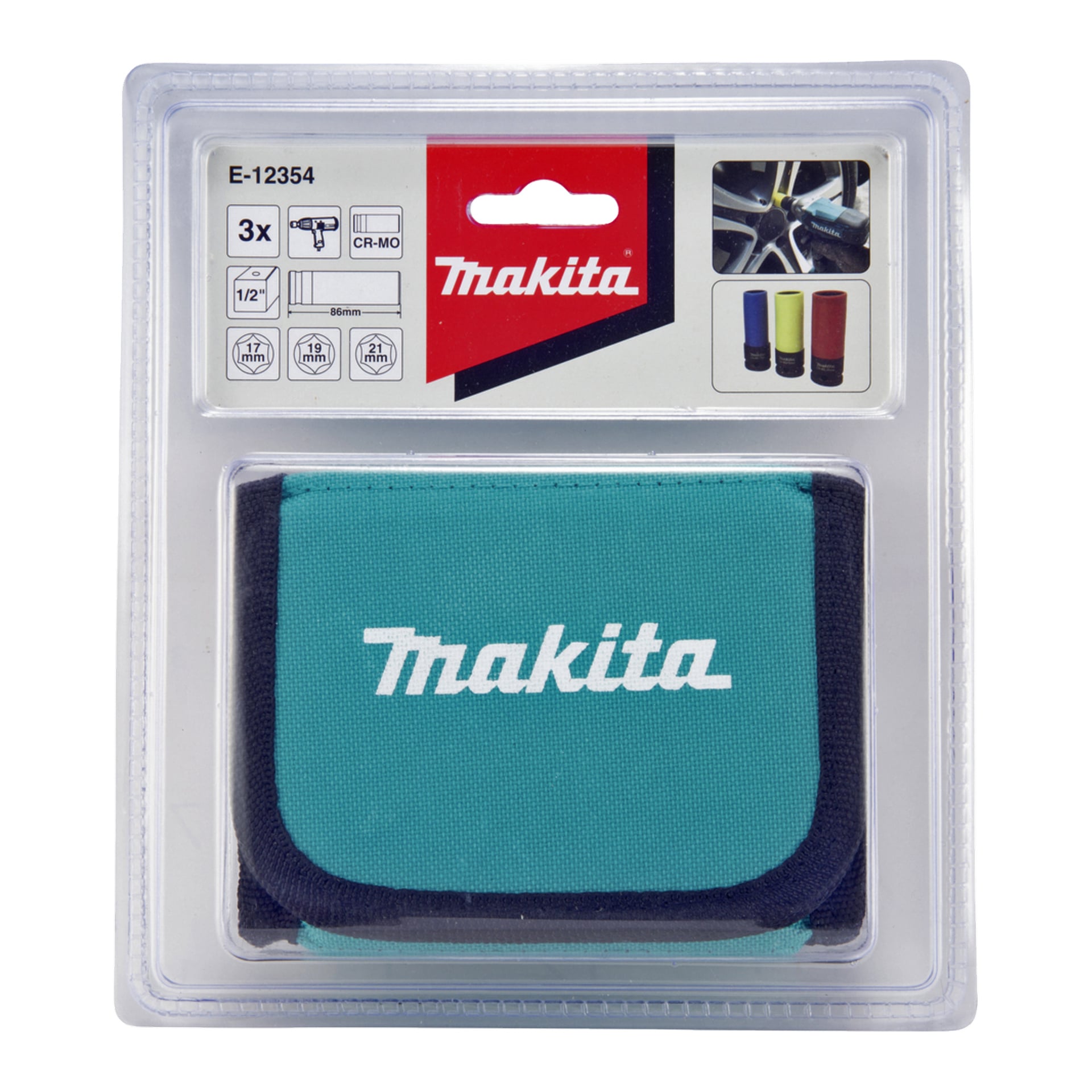 Zestaw akcesoriów narzędziowych Makita E-12354 w turkusowej torebce z logo, przedstawiającym wkładkę do trzech dołączonych narzędzi nasadowych.