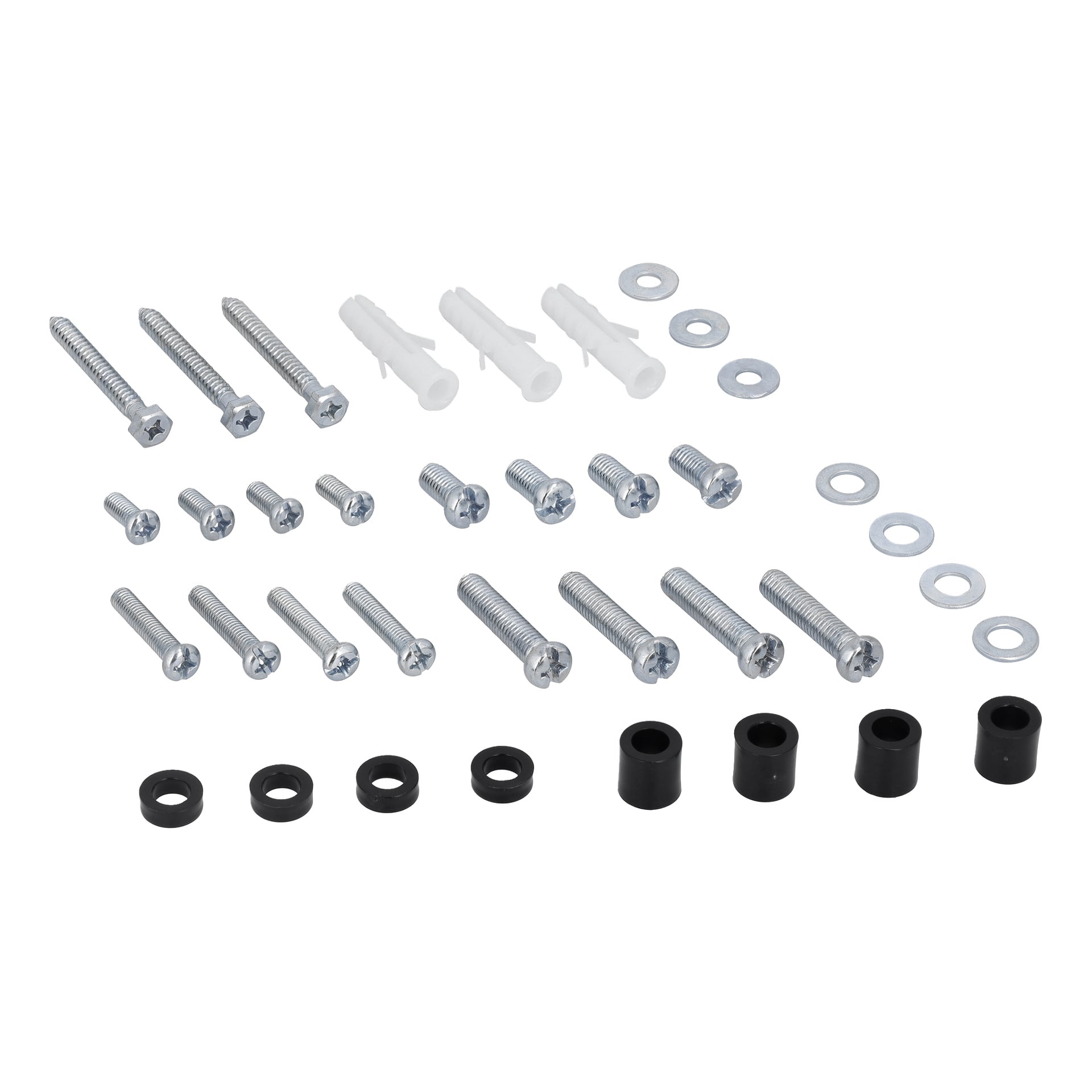 Bright Wall Fastener for TV sisältää erilaisia metalliruuveja, aluslevyjä, mustia välikappaleita ja valkoisia seinäankkureita, jotka on aseteltu siististi paikoilleen.
